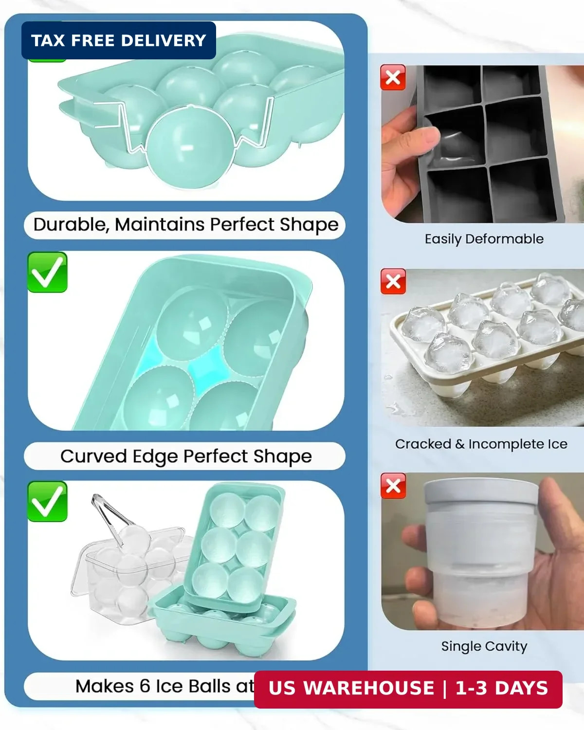 Large Ice Cube Tray for Freezer - 2 Pack Stackable Round Ice Cube Molds Set, Eas
