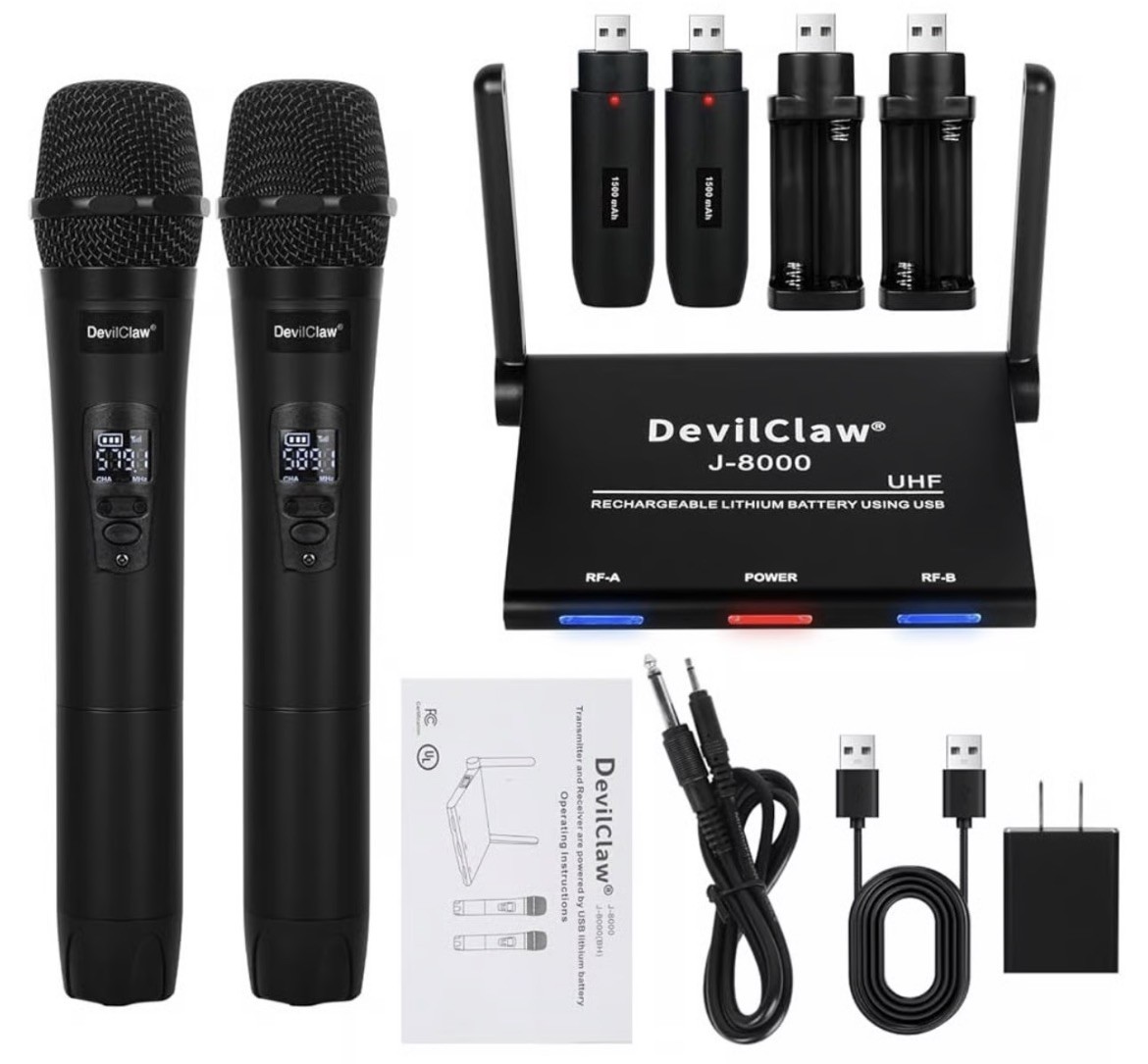 Devil Claw J-8000 Wireless Microphone System, 2 Dual Wireless Mics 262ft Range