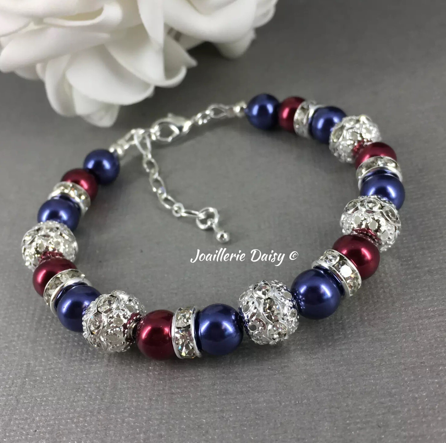 Handmade Burgundy and Navy Pearl Bracelet Necklace Set Bridal Wedding Jewelry