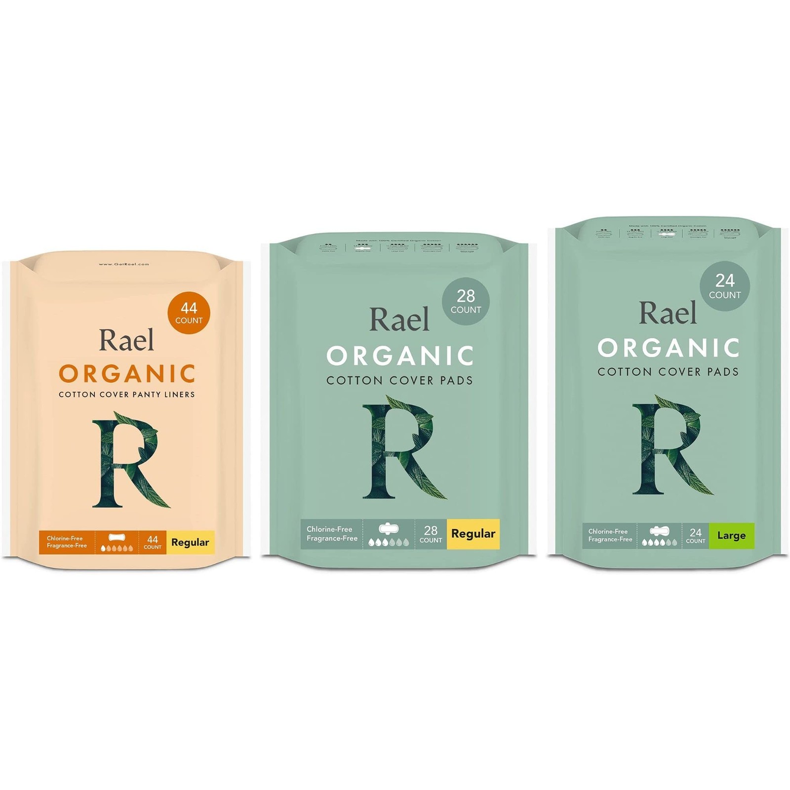 Rael Organic Cotton Cover Panty Liners (Regular, 44 Count) & Regular Pads (28...