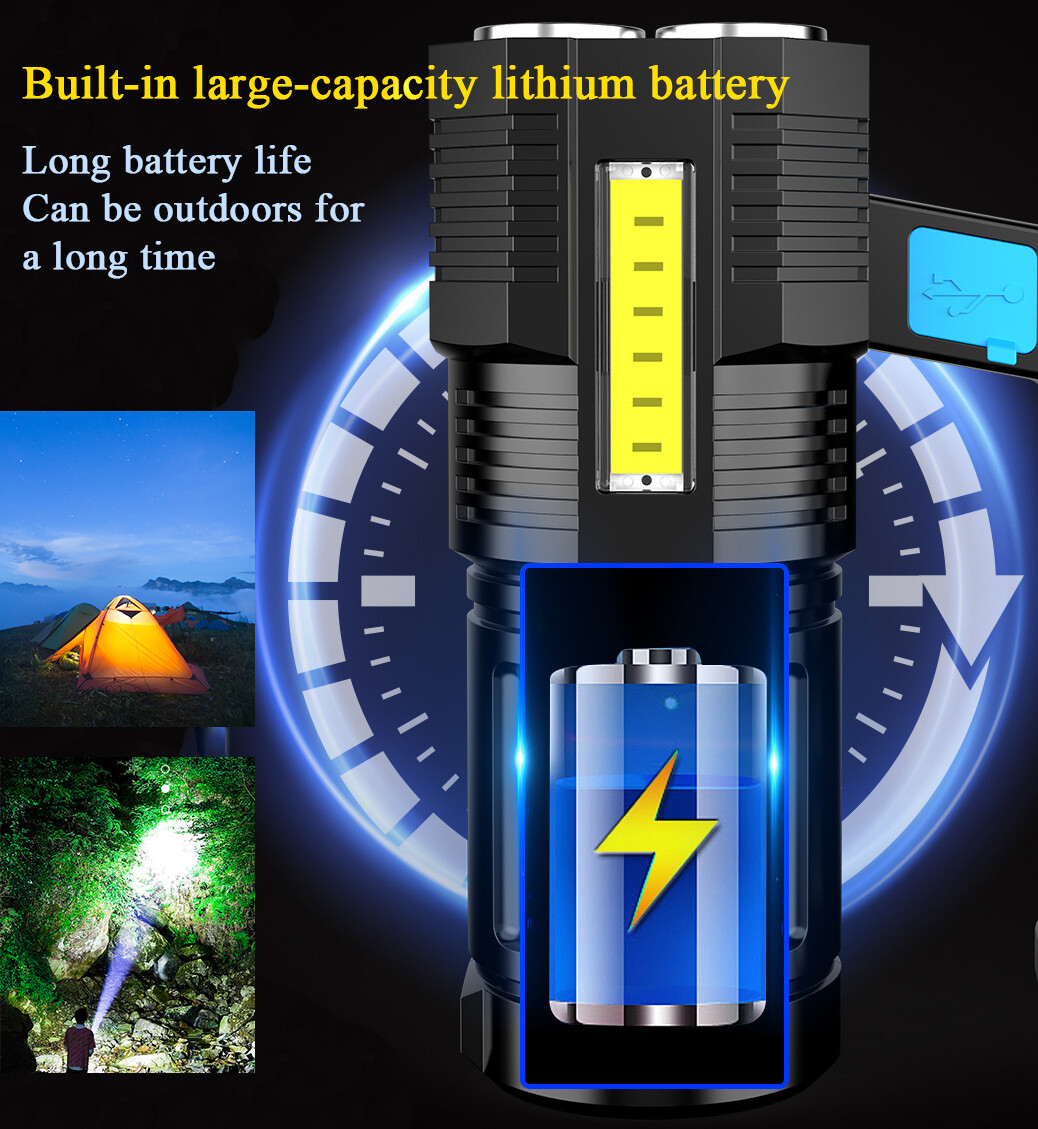 Super Bright LED Flashlight USB Rechargeable Searchlight 4 Modes Work Torch