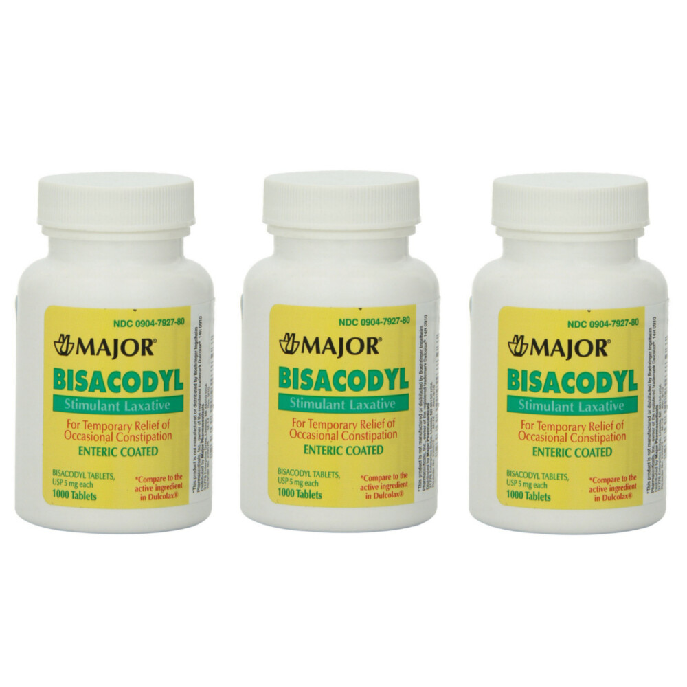 Major Laxative Bisacodyl 5mg Enteric coated Compare to Dulcolax 1000 Each 3 Pack