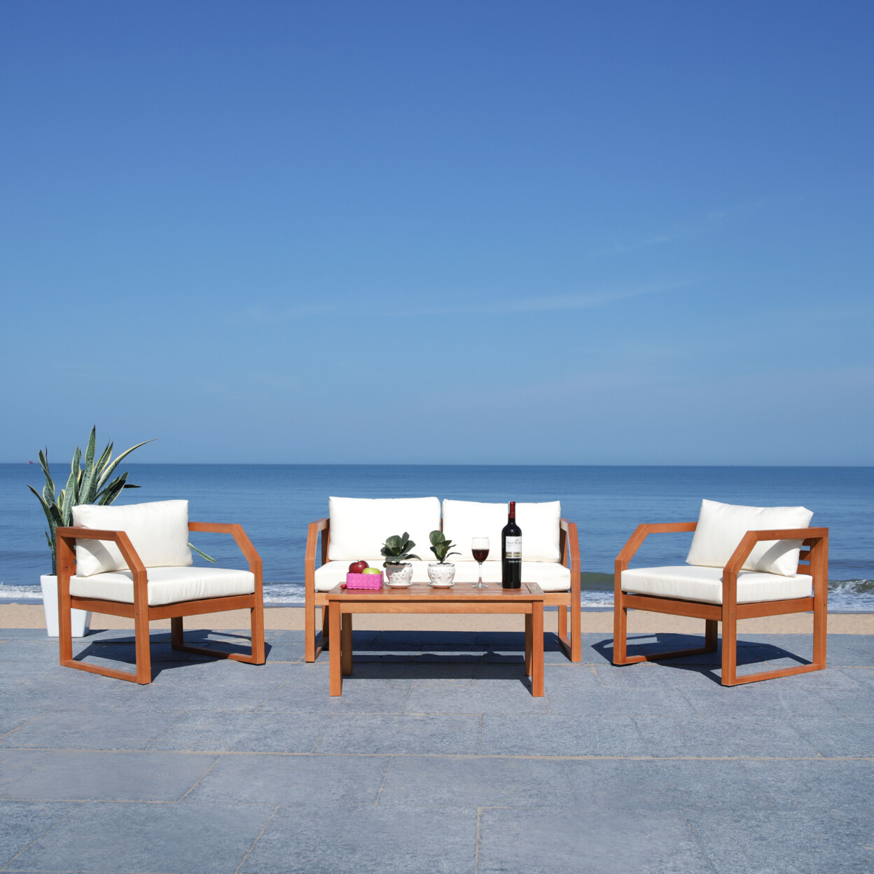SAFAVIEH Outdoor Collection Dren 4-Piece Living Set | Natural/Beige |