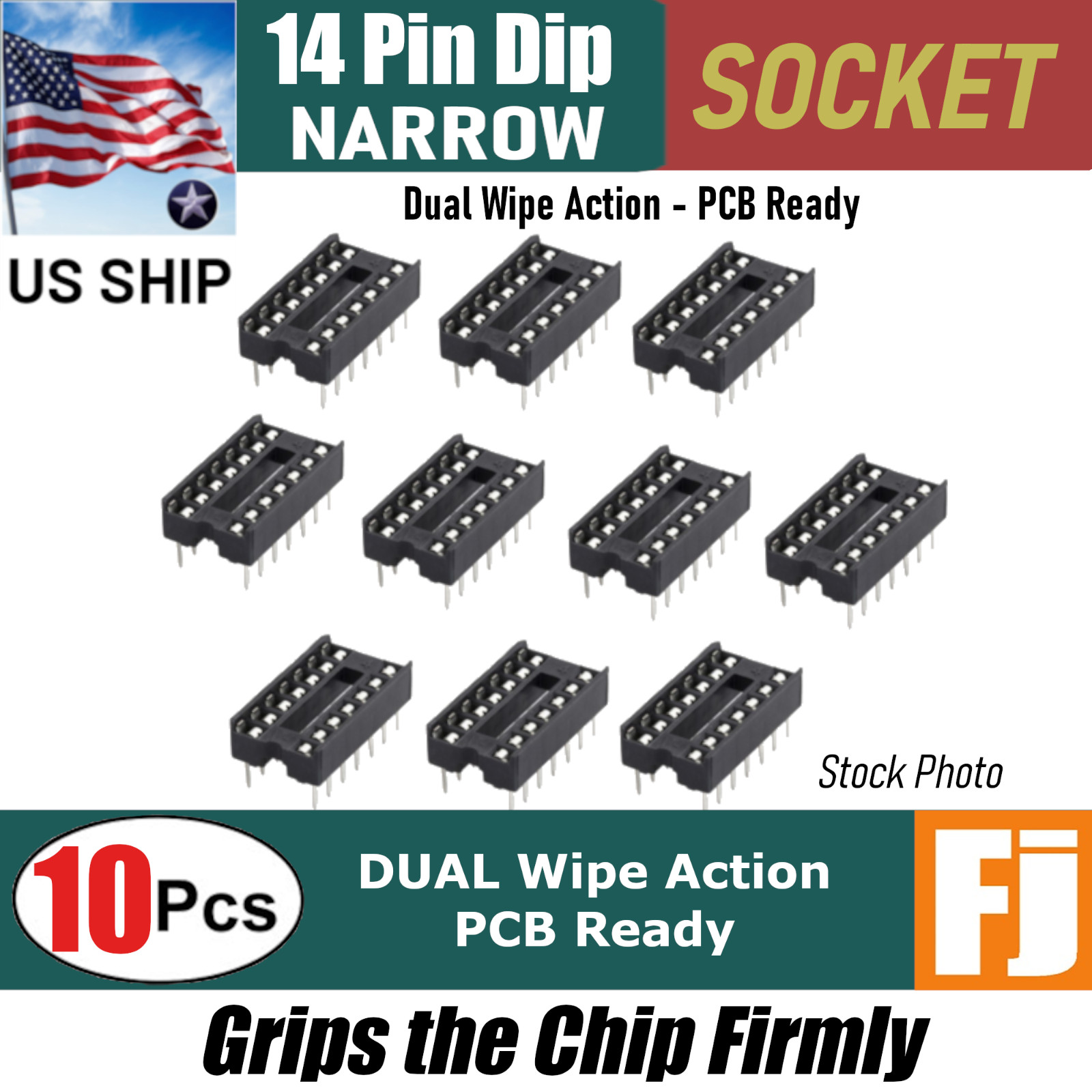 10Pcs 14 Pin DIP IC Socket Adaptor Solder Type PCB-Mount | Dual Wipe | US Ship
