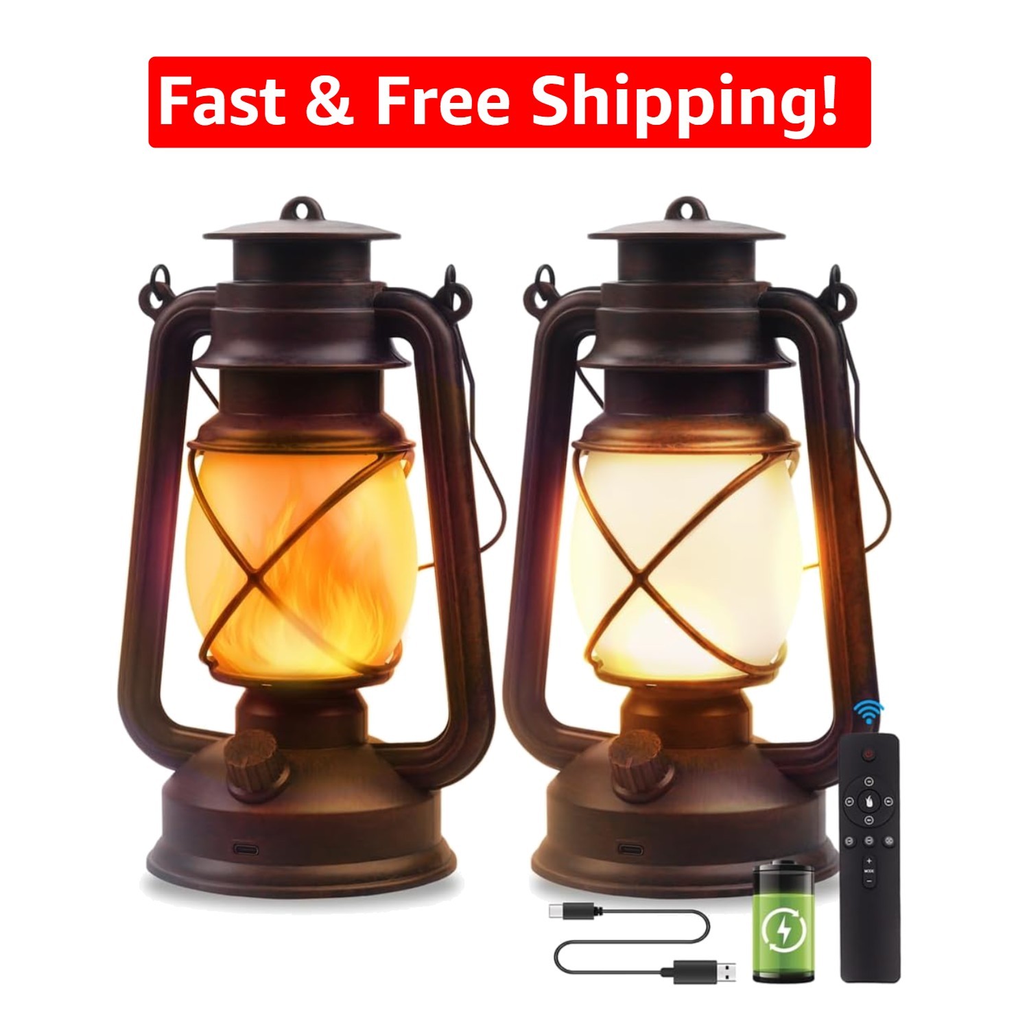 2 Pack USB Rechargeable Vintage Lanterns with Remote Control & 4 Lighting Modes