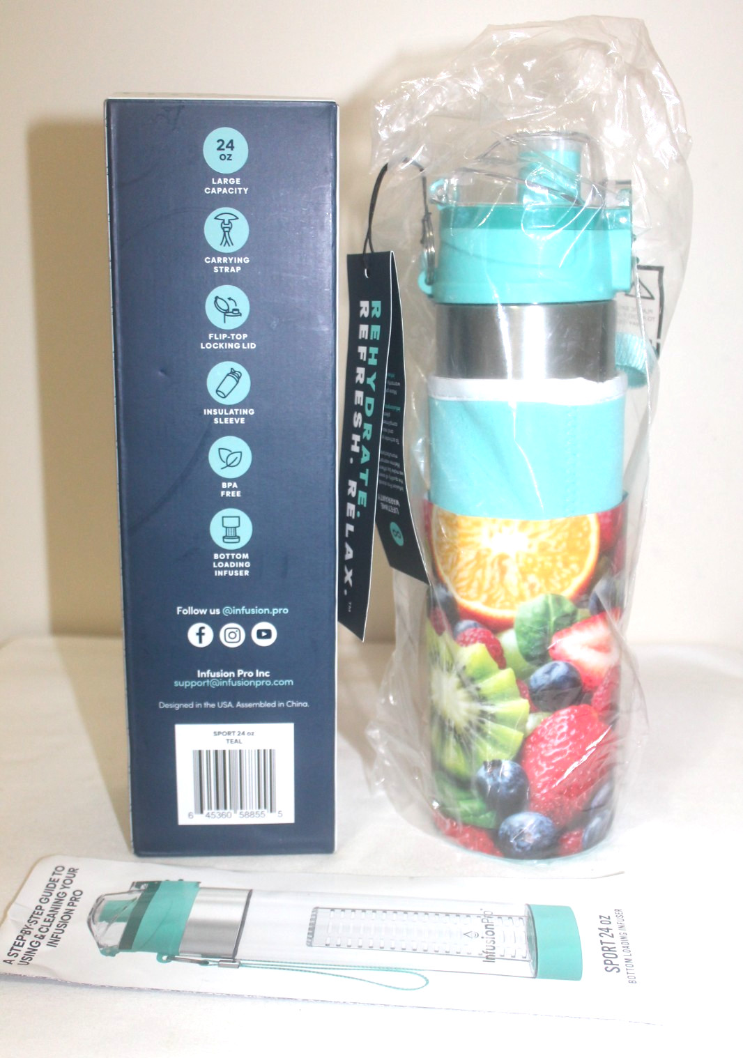 Infusion Pro Teal 24 Oz Bottom Loading Unfuser Sport Bottle with Strap New