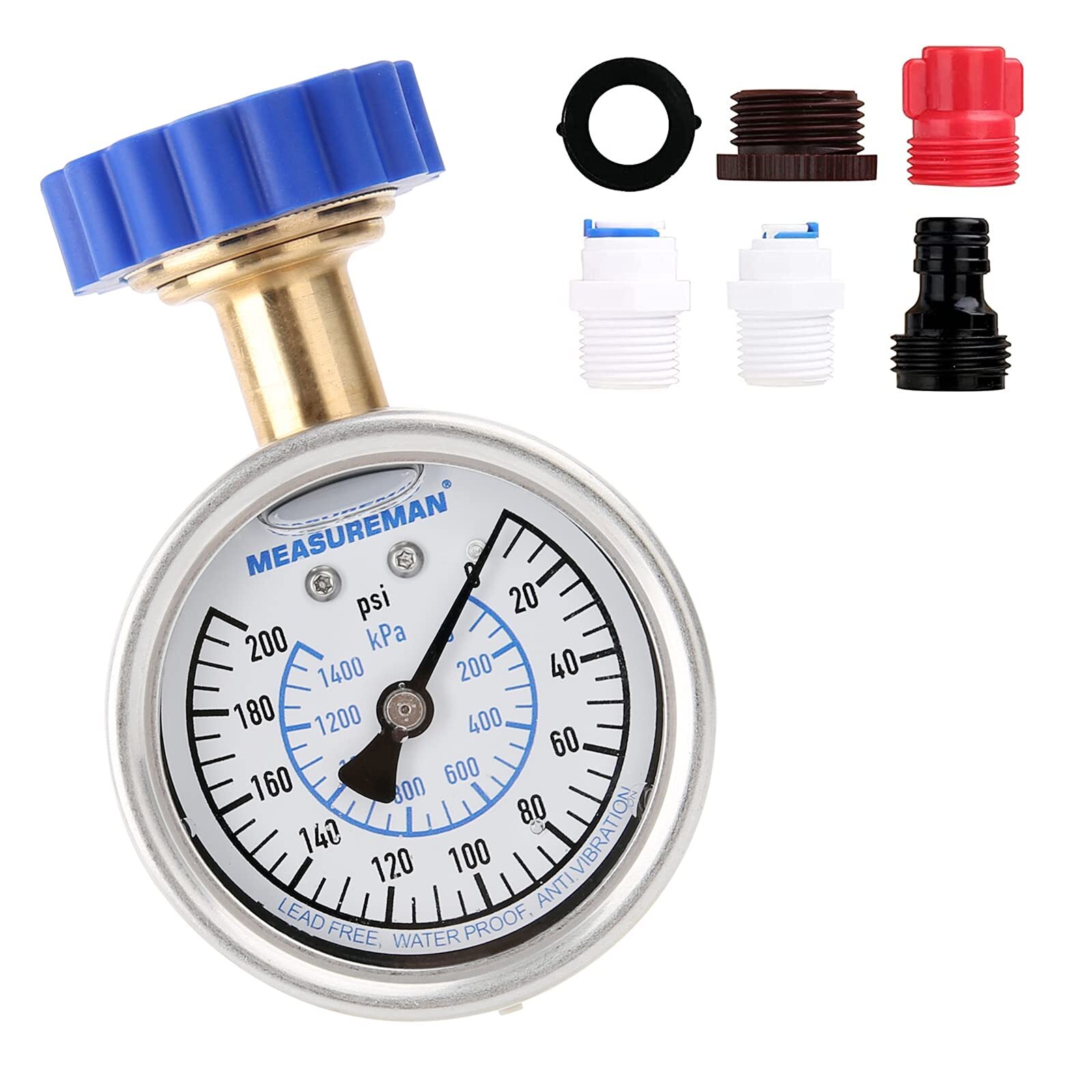 2-1/2" Water Pressure Gauge Kit 6 Parts Kit Lead-Free Brass 2-1/2" dial 0-200...
