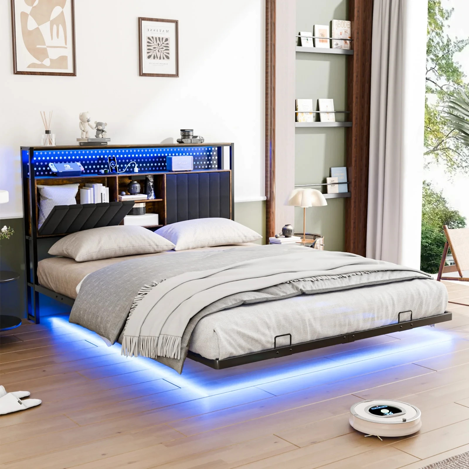 QUEEN SIZE Floating Platform Bed Frame With Charging Station Storage Headboard