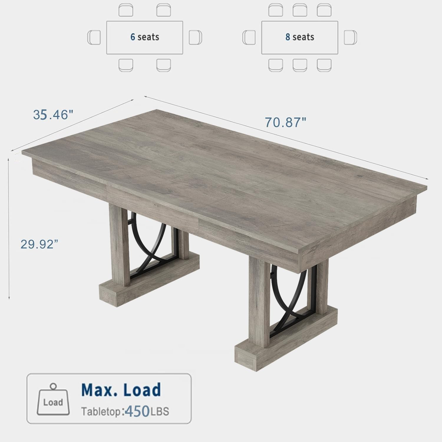 Rustic Gray Wooden Dining Table for 6-8 with 2 Large Drawers, 71" Long