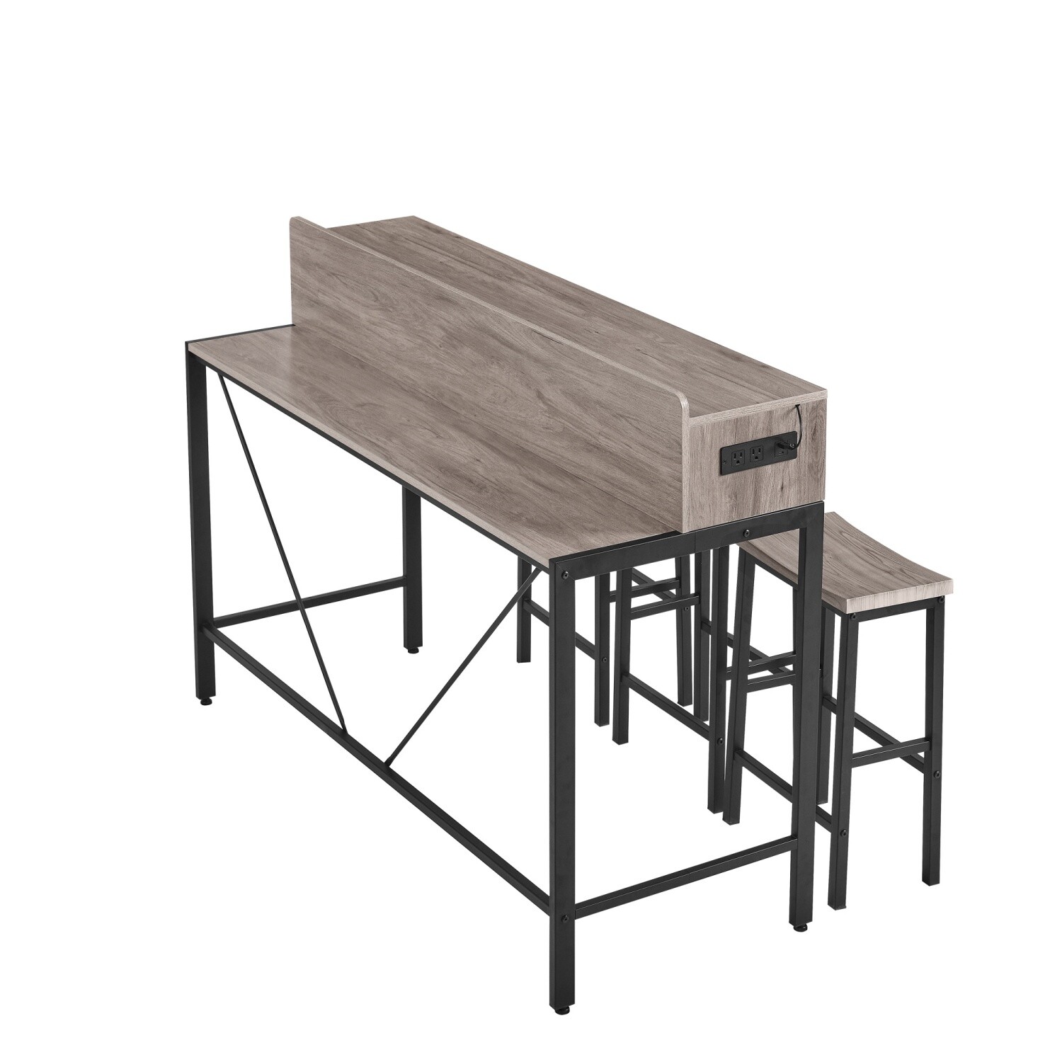 4 Piece Bar Table Set Bar Table w/ 3 Bar Stool & LED light & USB Port Gray/Brown