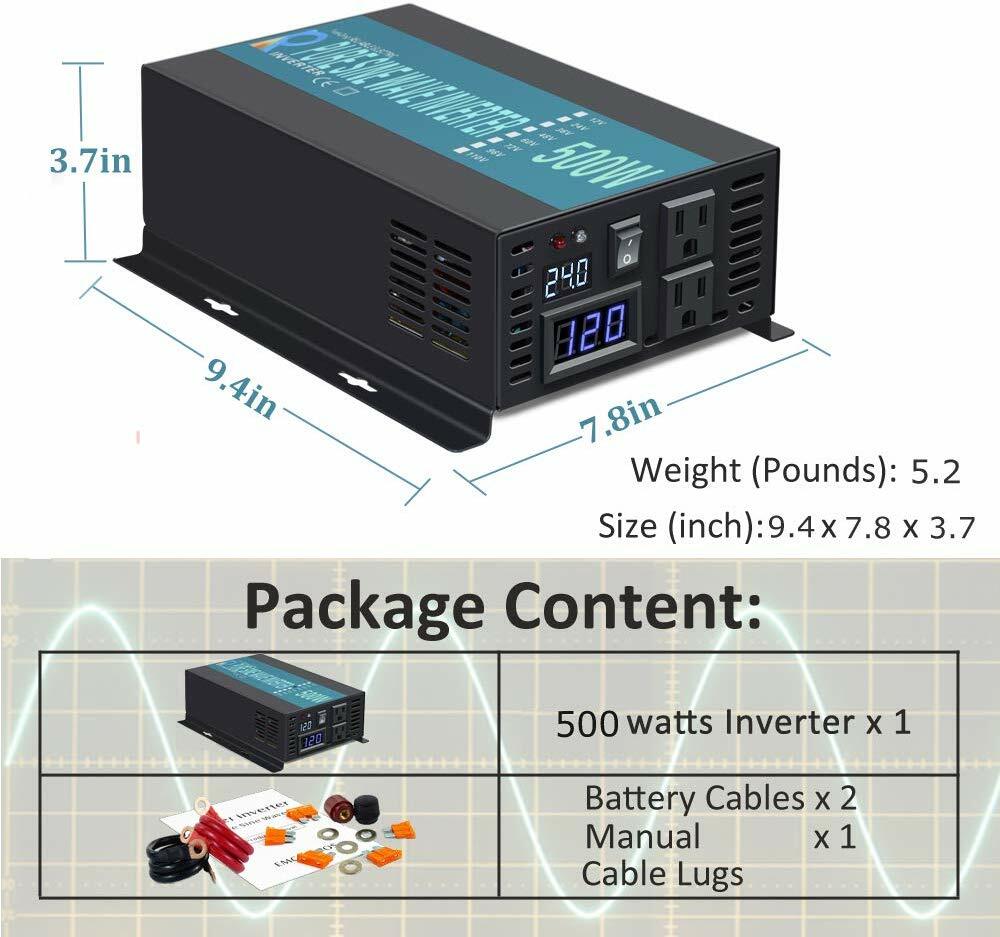 500W Inverter Pure Sine Wave 24V to 120V Power Converter Van Truck Battery Car