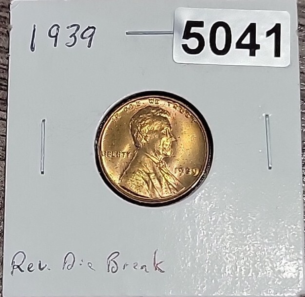 1939 Wheat Cent Penny Uncirculated Reverse Die Break - 5041
