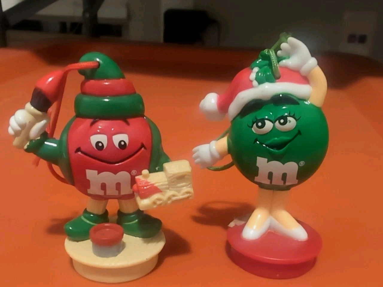 M&M Vintage 1998 Candy Tube Topper Green Santa Gir Red  Elf  Christmas Ornament