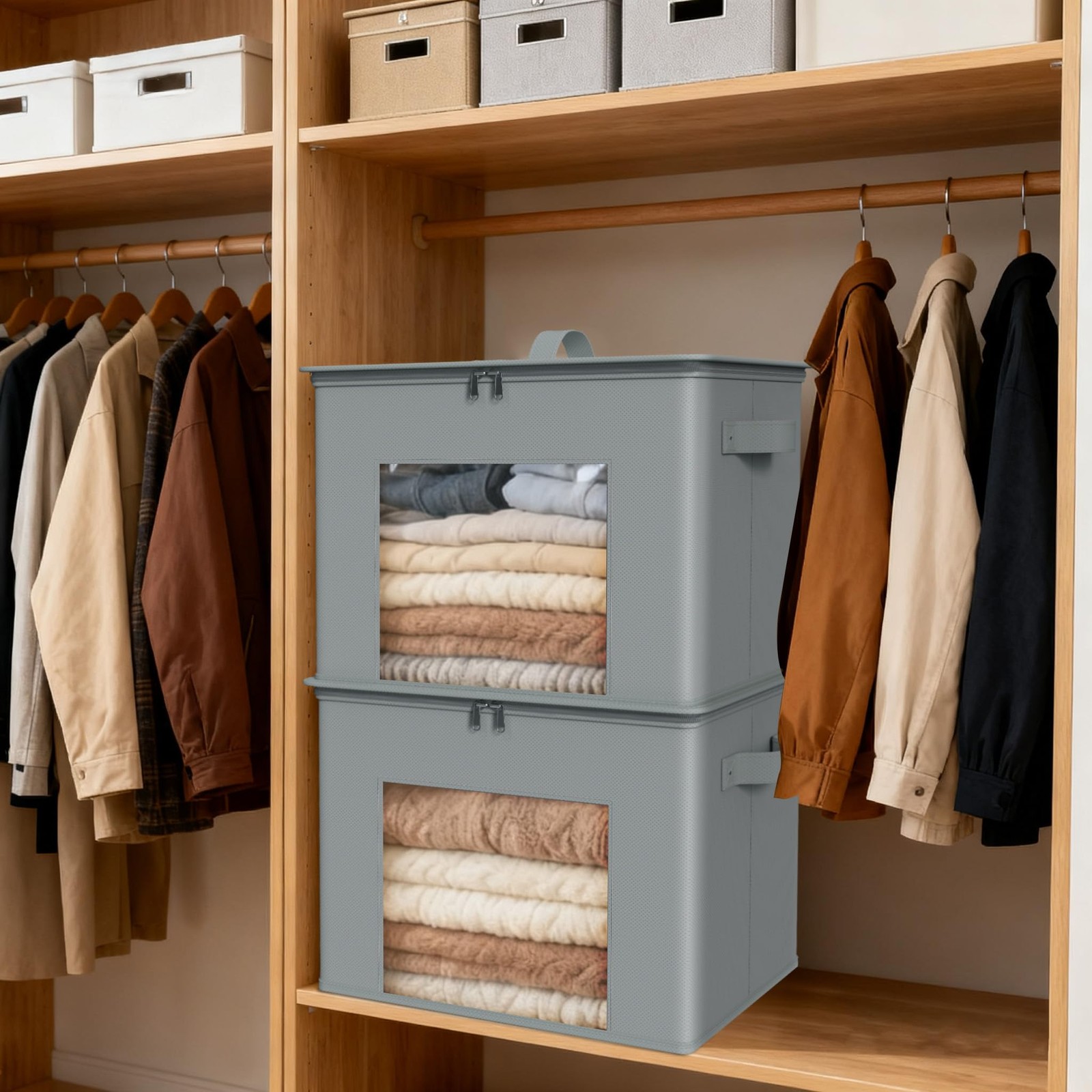 Fabric Storage Bins Stackable Closet Organizer Light Grey 17x12x12 In 4 PCS