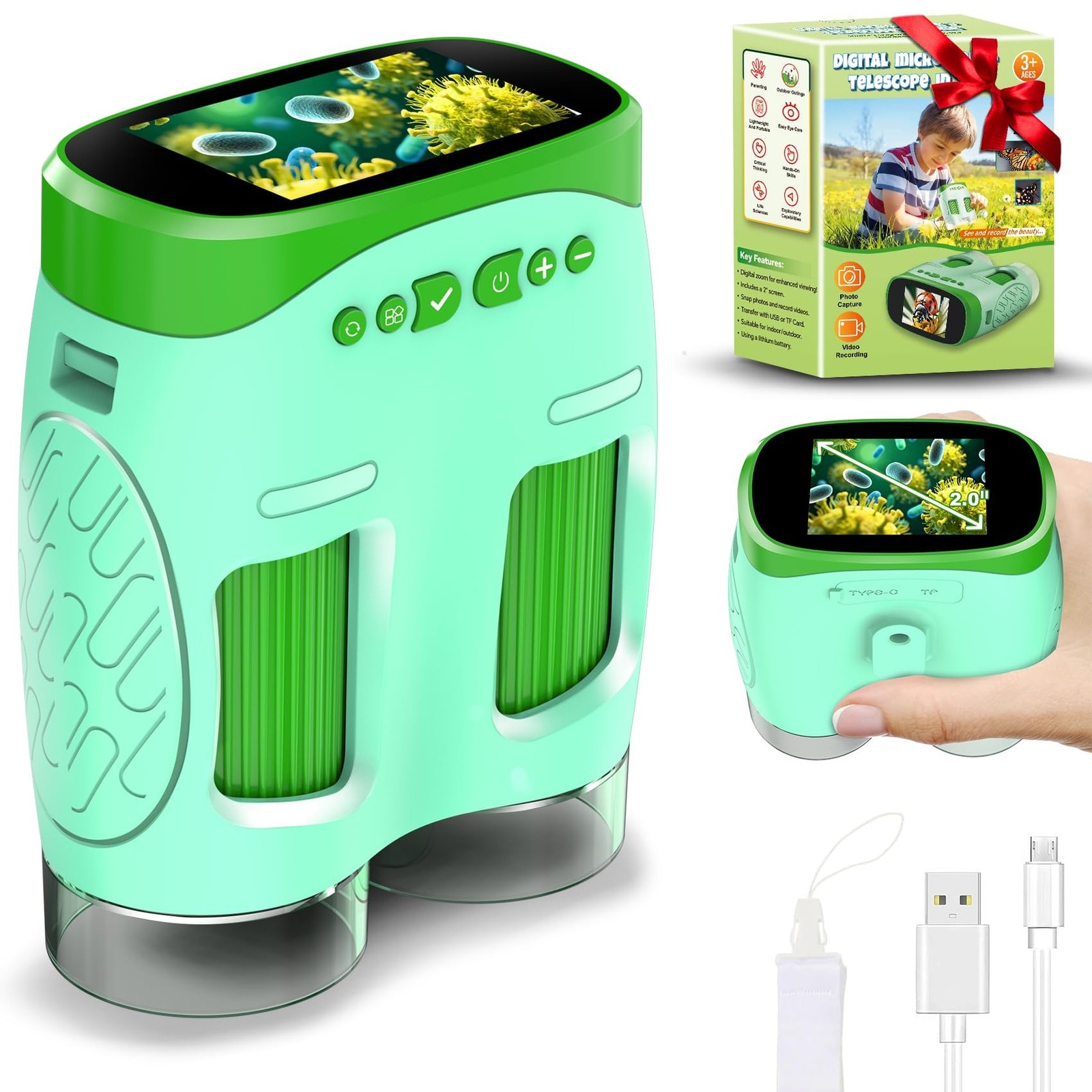 1000X Handheld Microscope for Kids : 4K 2.0" Screen Rechargeable Telescope an...