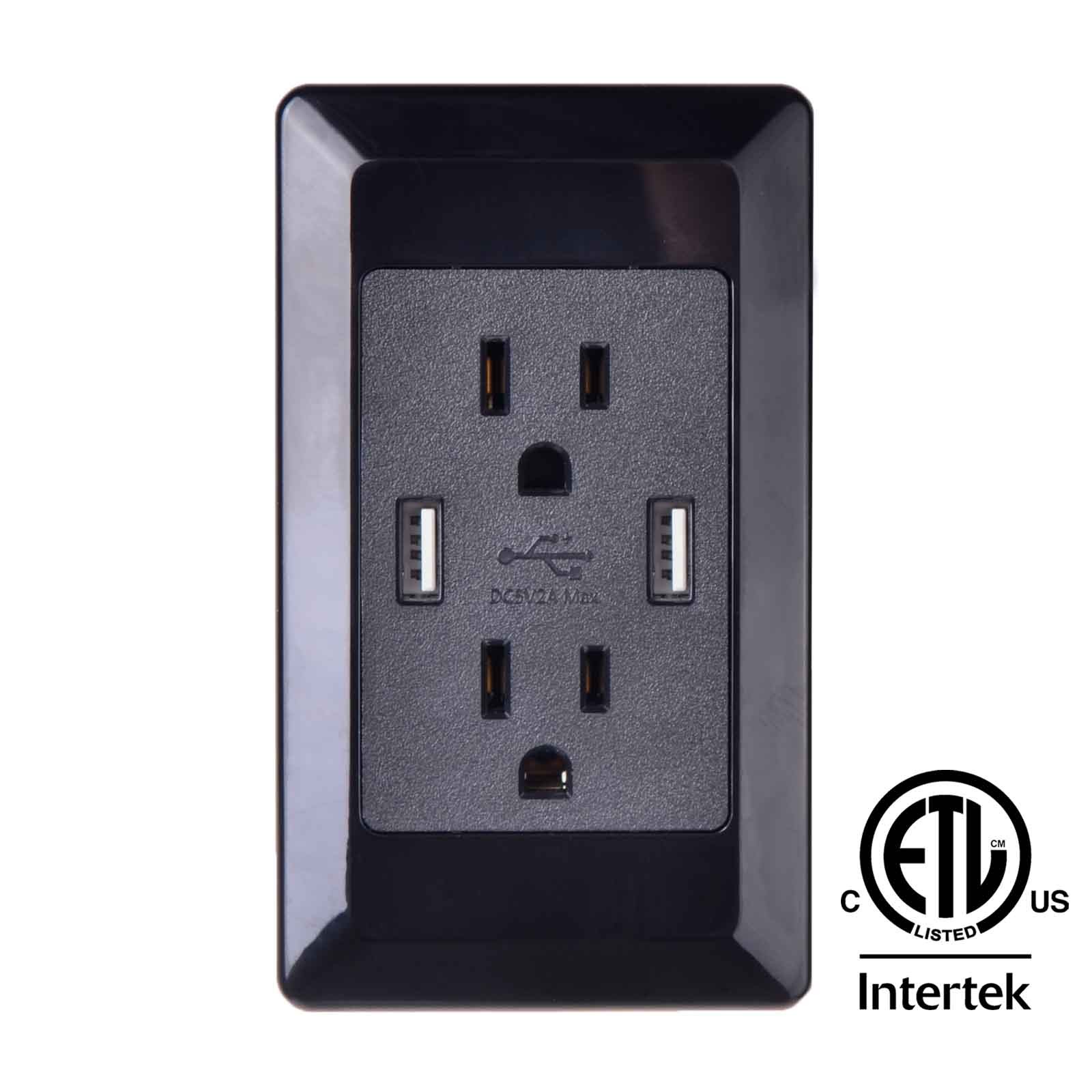 All-in-One USB Charging Outlet 2 USB 10W + 2 AC 15A ETL Listed Universal Black
