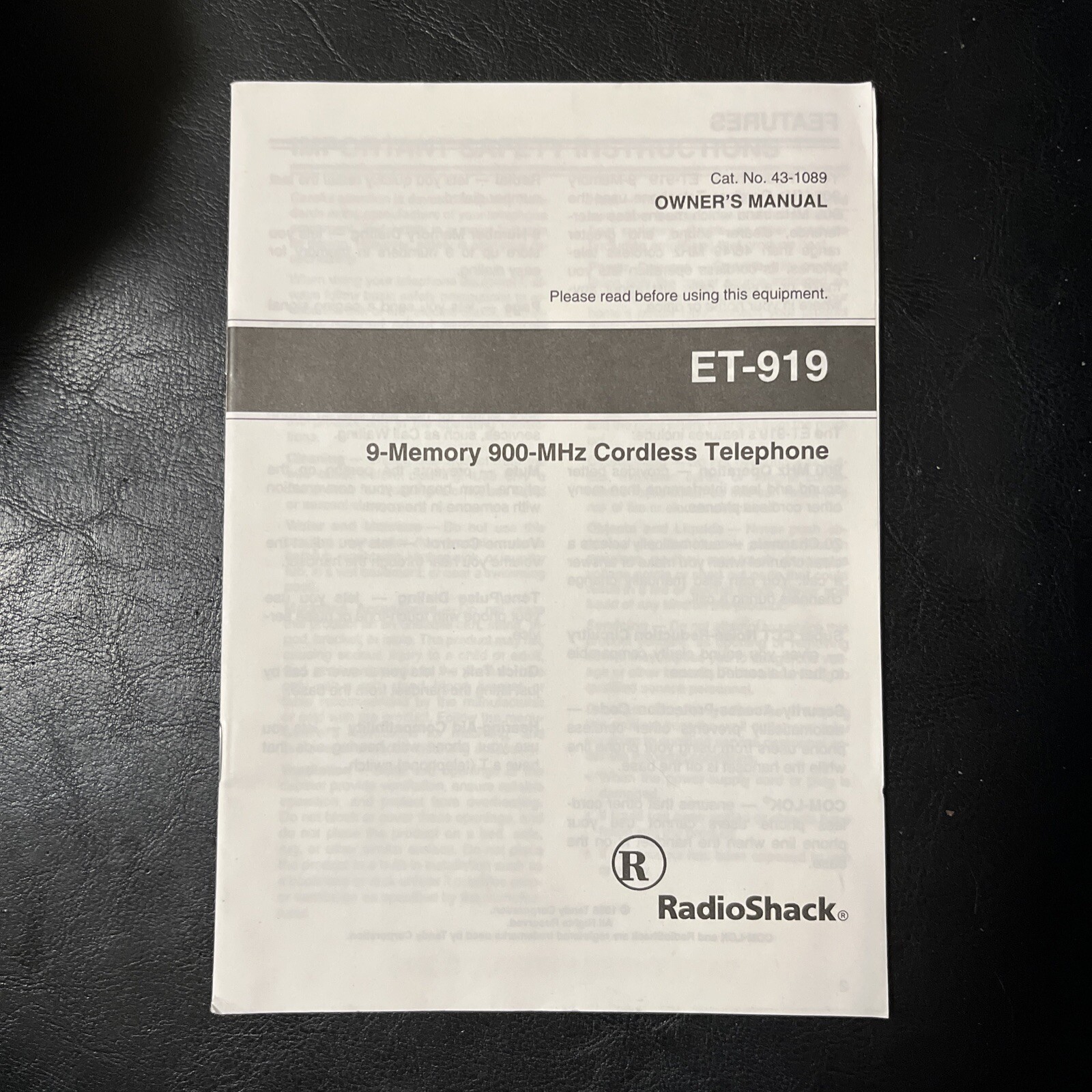 Radio Shack Manual ET-919 9-Memory 900MHz Cordless Telephone Instructions [M1]