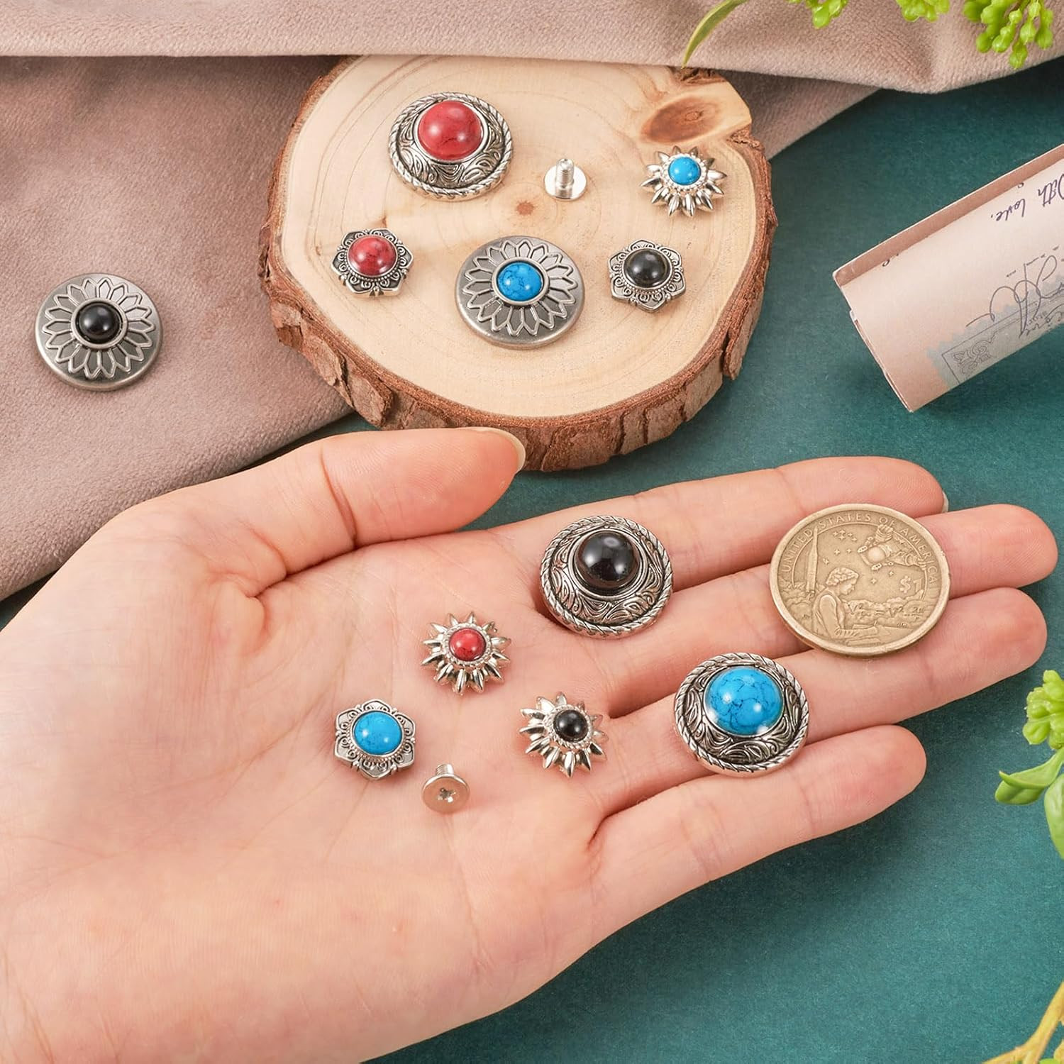 24 Sets Conchos for Leather Sunflower Decorative Rivets Studs 13-20Mm Turquoise