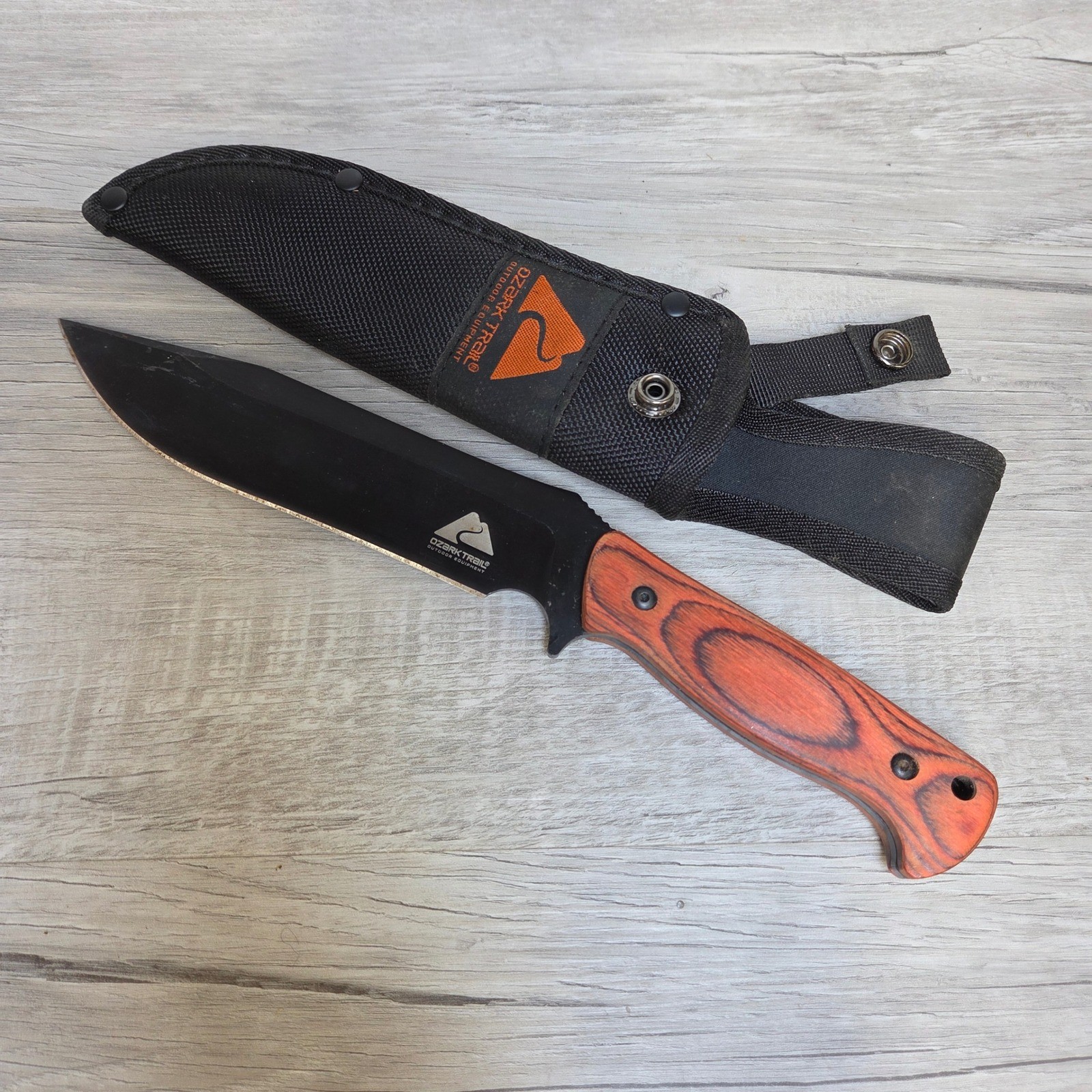 Ozark Trail Fixed Blade Knife Drop Point Wood Handle Nylon Sheath Hunting 10 in