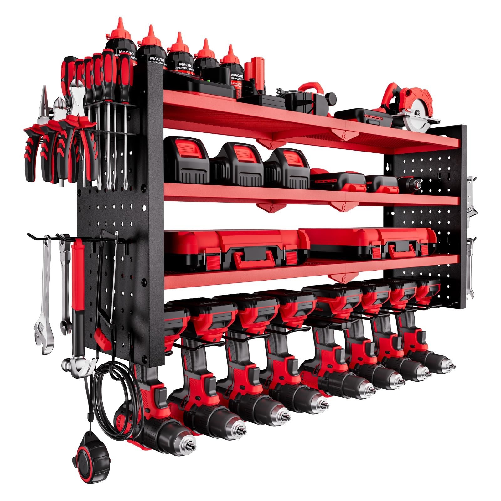4-Layer Wall Mount Tool Organizer Rack with 8 Drill Holders & Side Pegboards - G