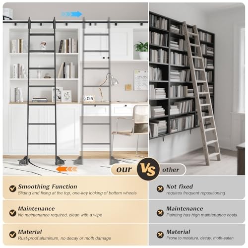 8ft Rolling Library Aluminium Step Ladder 96" with 96" Ladder + 4FT Hook Kit