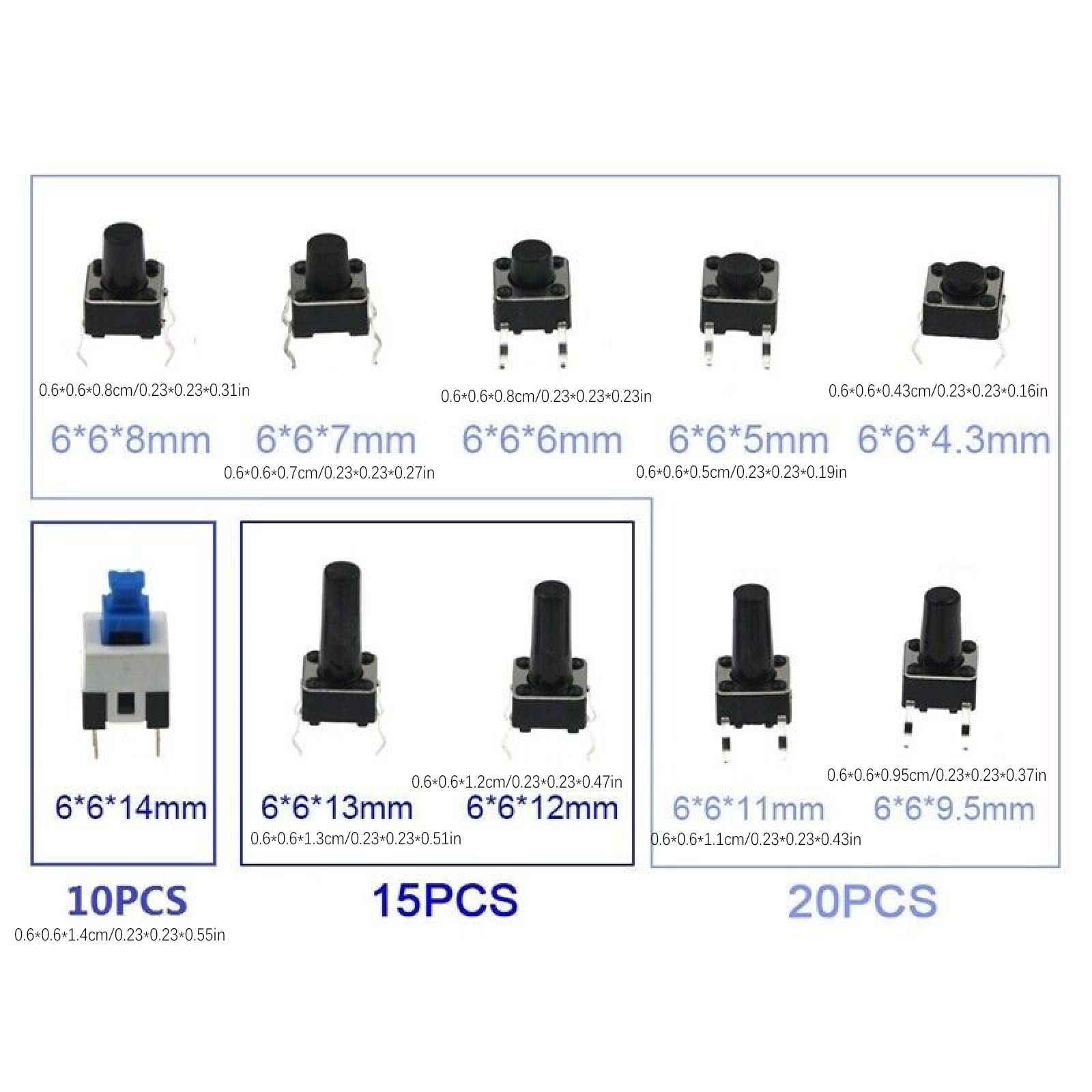 180pcs 10 Type 6X6 Light Touch Switch Set Push Button Switch Assortment Box