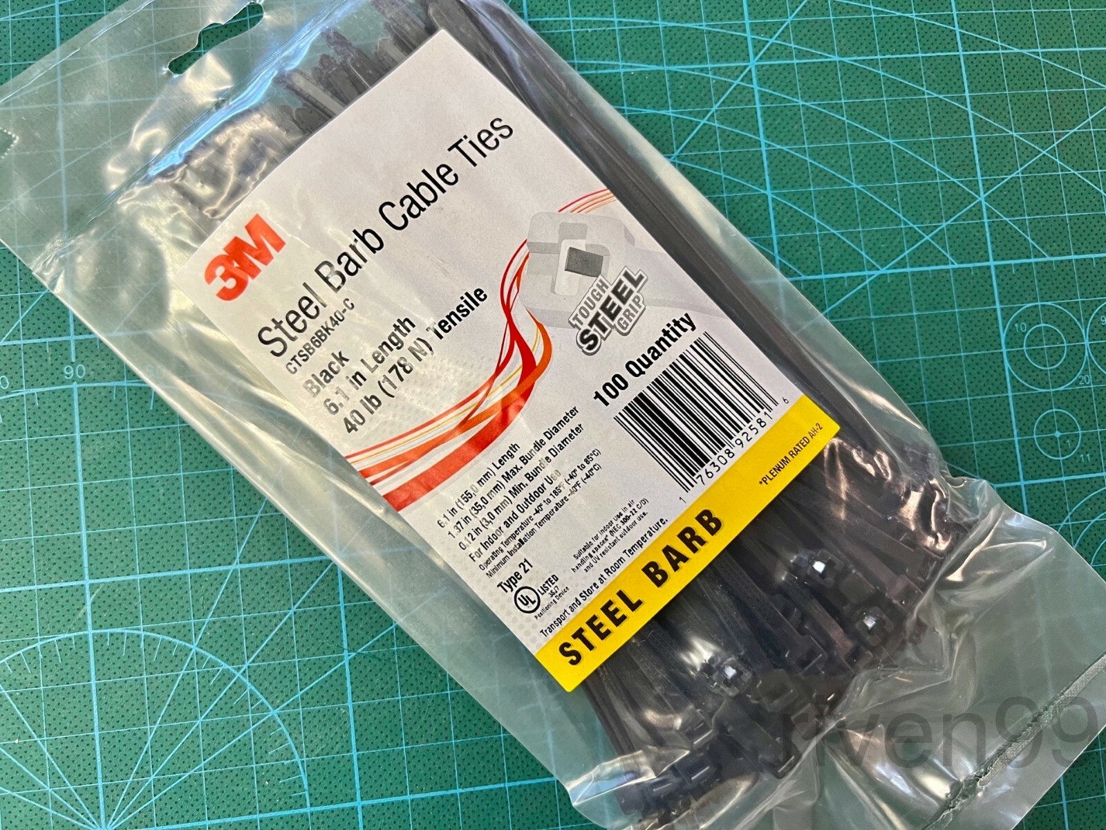 Lot of 100pcs 3M Steel Barb Cable Ties, Nylon 6/6, 40lb, 6" long, Zip
