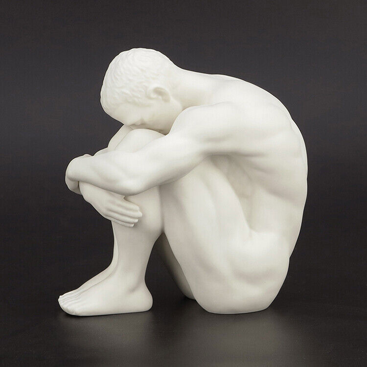 Modern Art Sculpture Handmade White Ceramics Naked Man Hands Clasp Legs Statue