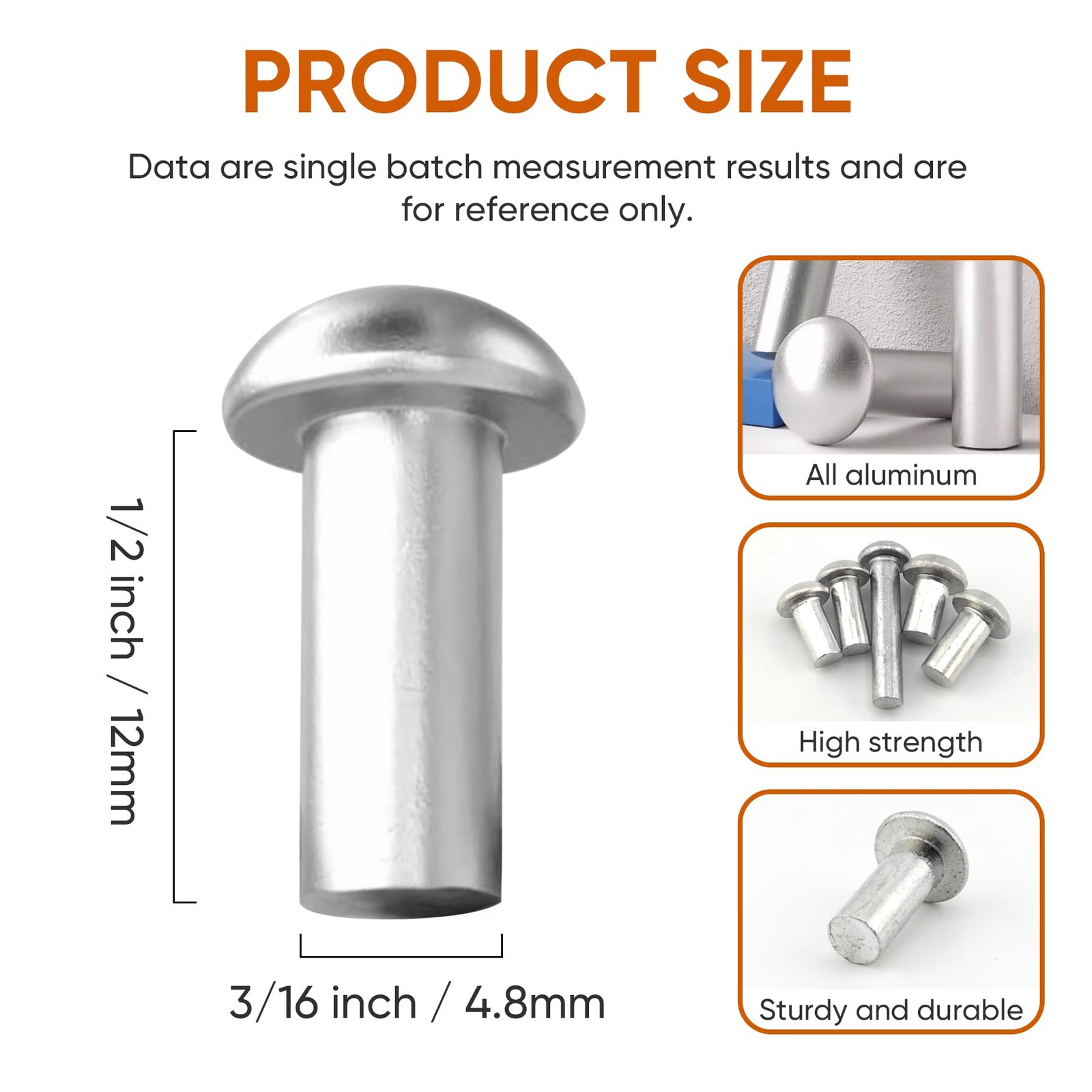 3/16" Diameter X 1/2" Length Solid Aluminum Brazier Head Rivets,Aluminum Boat...