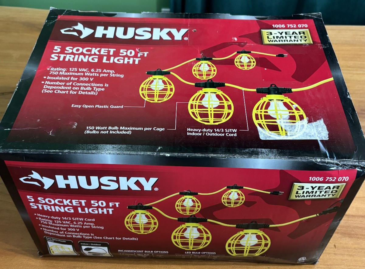 Husky 5 Socket 50 Ft String Light 14/3 SJTW Cord Yellow No Bulbs New Open Box