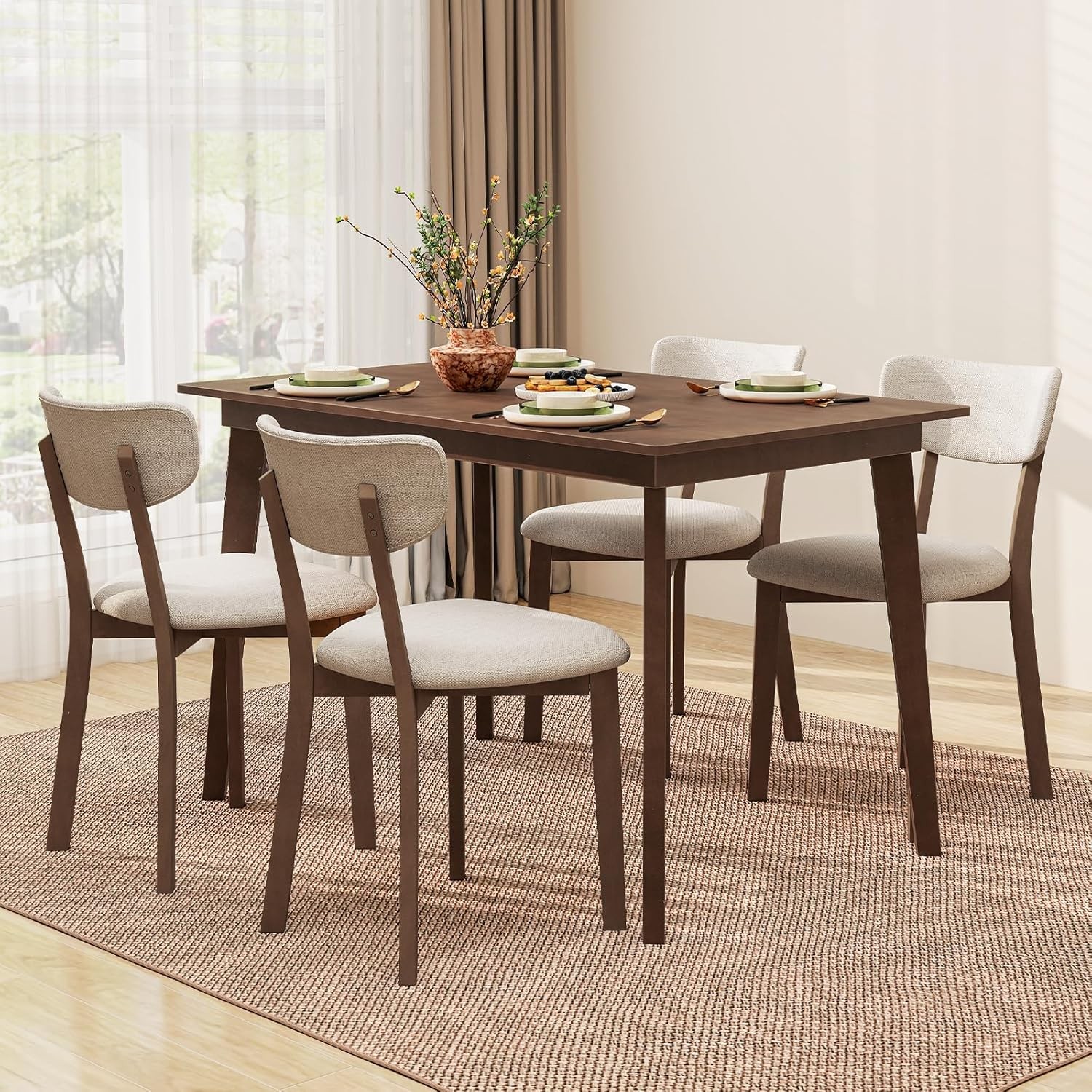 Dining Table for 4, 48" Rectangular Wooden Kitchen Table with Solid Rubber Wood