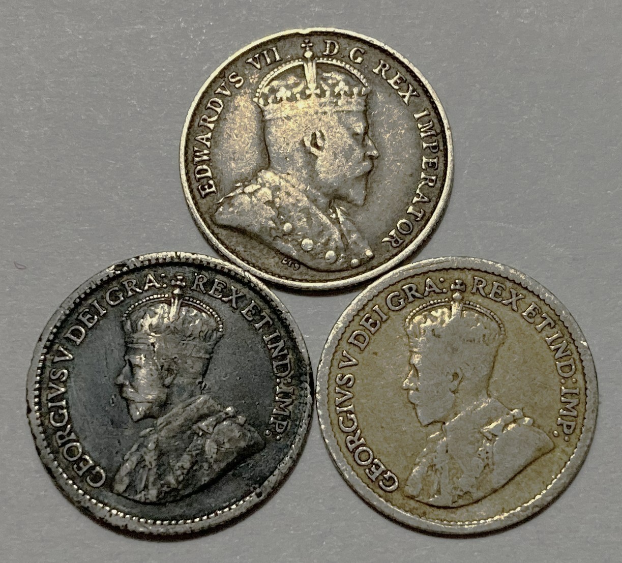 3 Canada Five Cent Coins, 1904 Edward VII, 1914 & 1919 George V,   .925 Silver