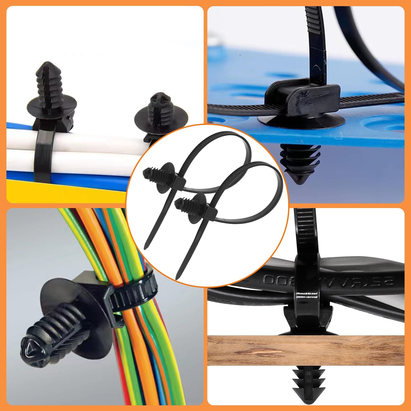 60Pcs Nylon Universal Cable Tie with Buckle Push Mount Zip 6 Types, Black