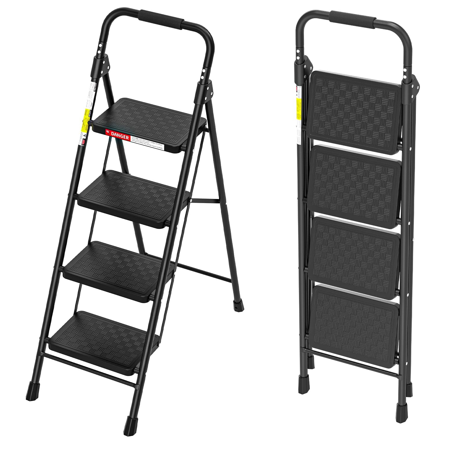 HBTower 4 Step Ladder Foldable 330 lb Capacity Anti-Slip Black
