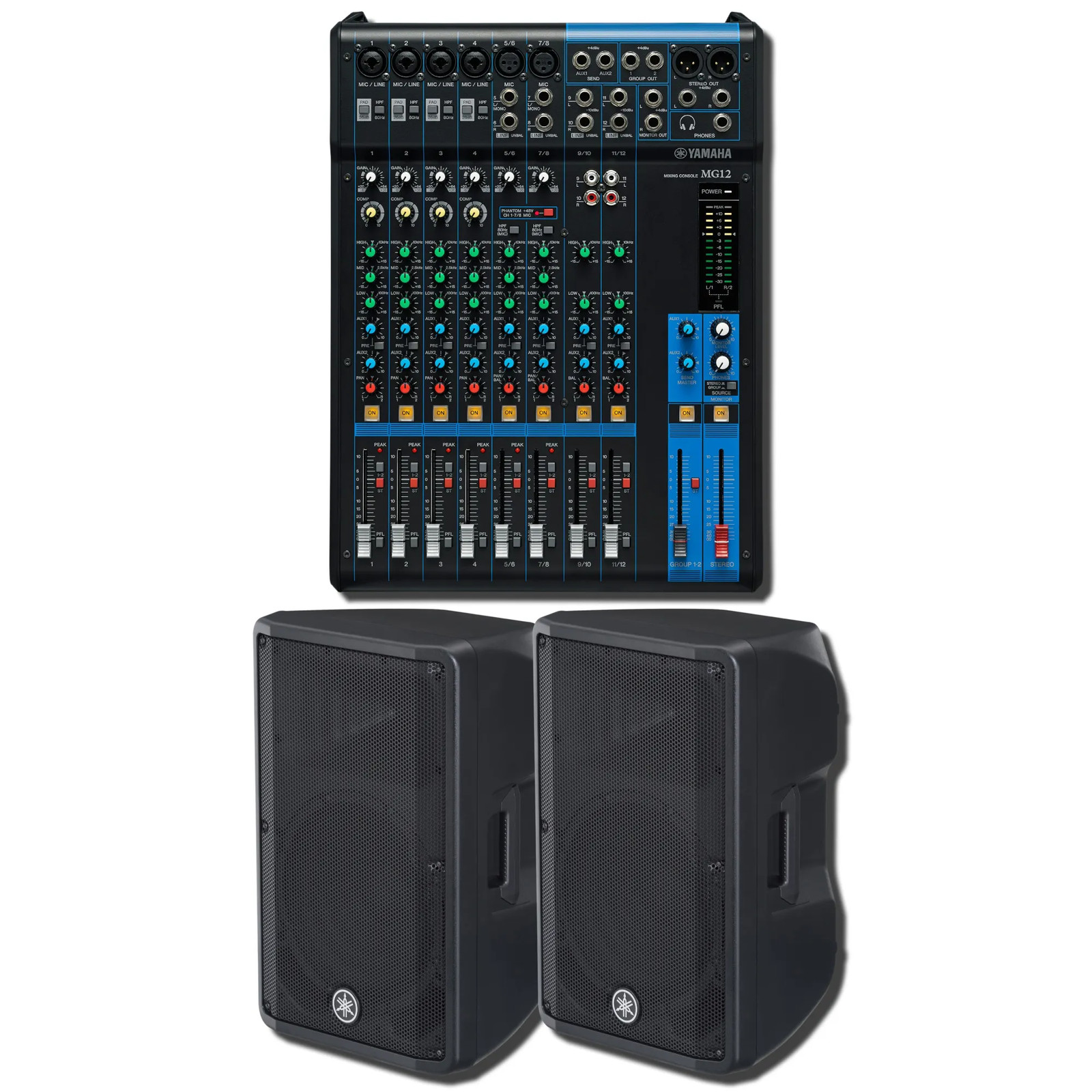 Yamaha MG12 Mixer + 2x DBR12 1000W Powered PA Speaker Bundle