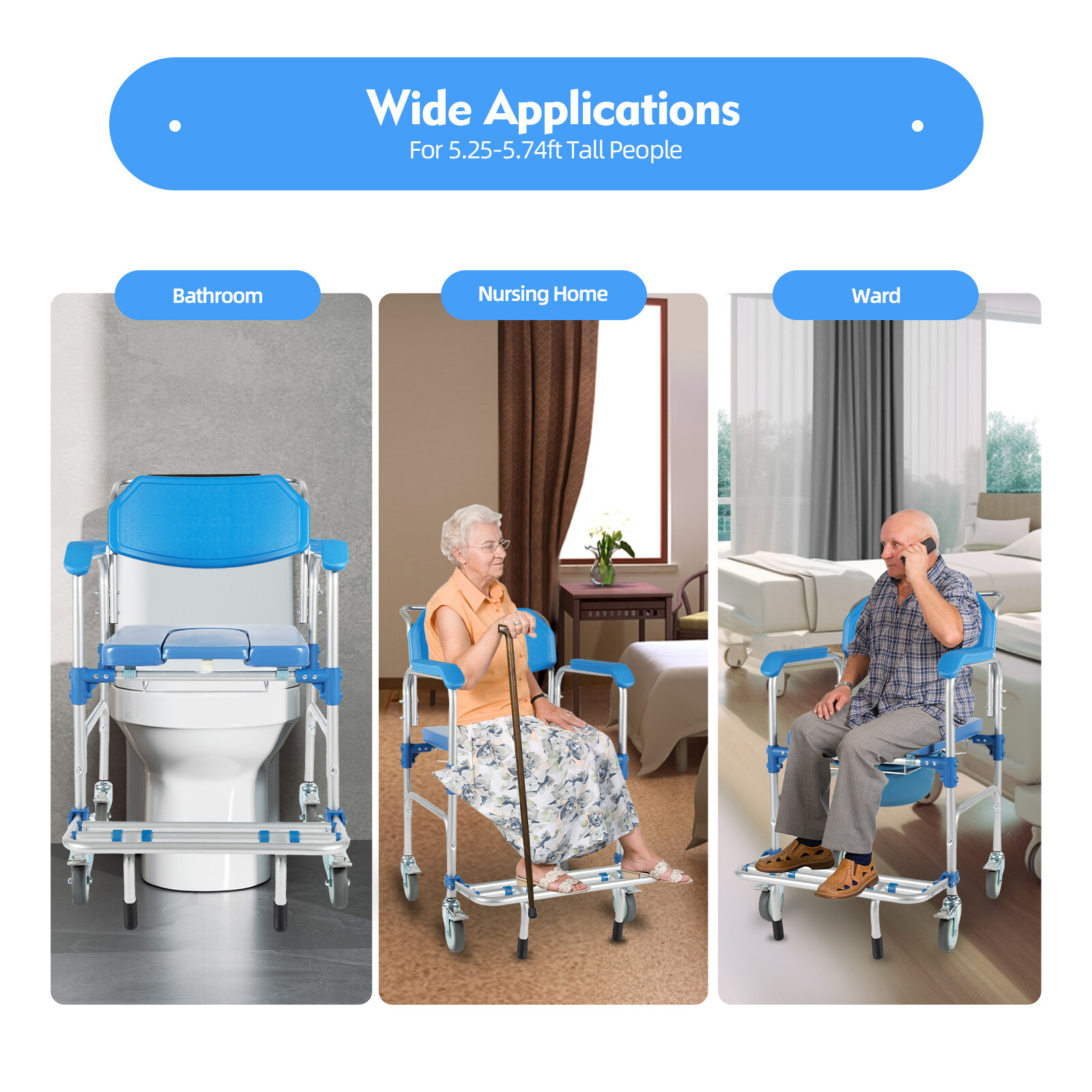 350lbs Medical Transport Chair Mobility Shower Commode Wheelchair Bedside Toilet