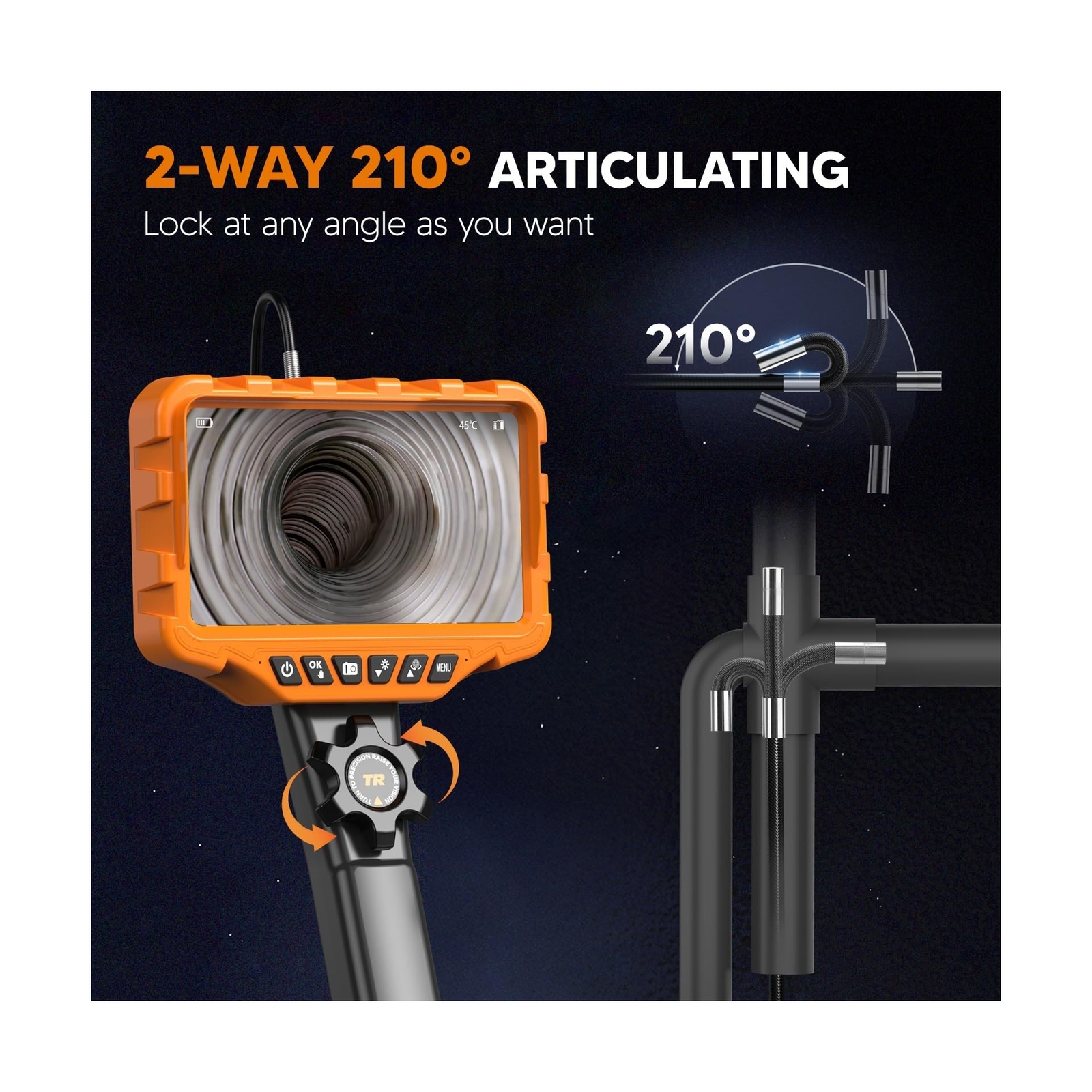 210° Two-Way Articulating Borescope with Light, 7" IPS Industrial Endoscope