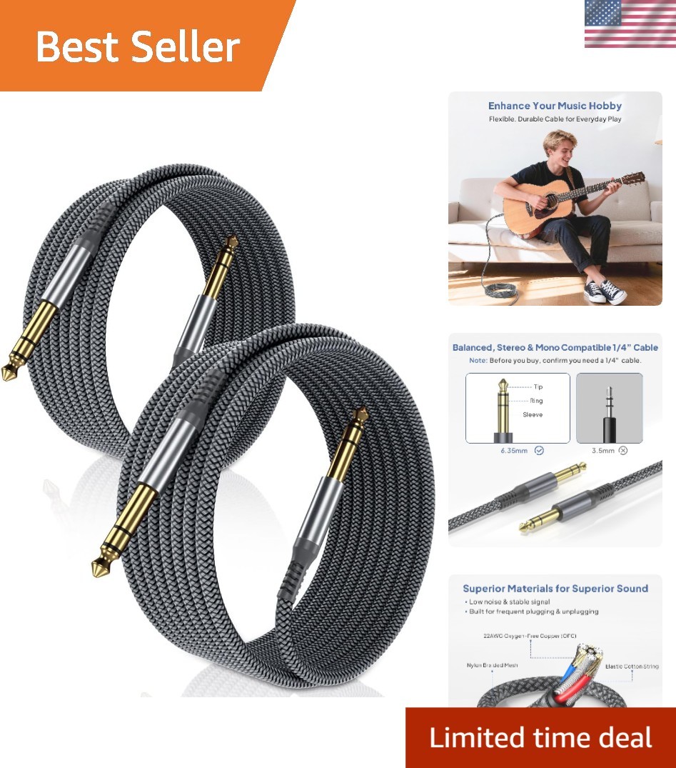 High-Quality 6.35mm TRS Audio Cable 6.6ft 2-Pack – Enhanced Signal Clarity