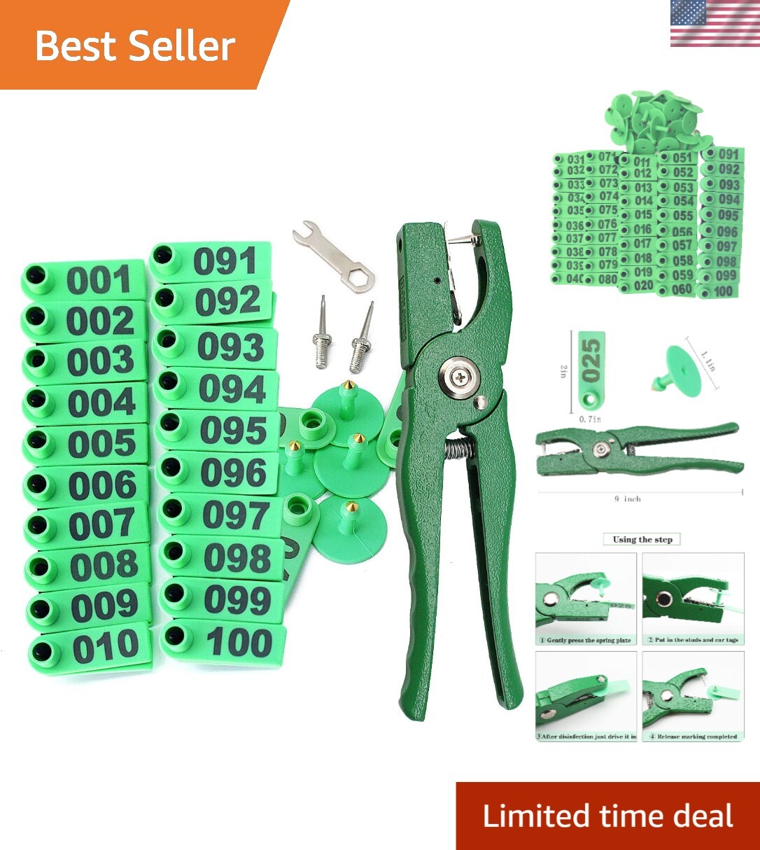 Complete Livestock Ear Tagging Tools: Pliers, Spare Pins & Numbered Tags 001-100