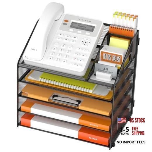 5 Tier Metal Mesh Letter Tray - Space Saving Desk 12.6" x 9.1" x 13.3" Black
