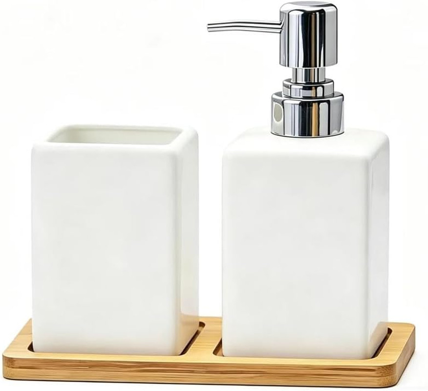 White Bathroom Accessories Set 3Pcs,Ceramic Soap Dispenser and Toothbrush Holder