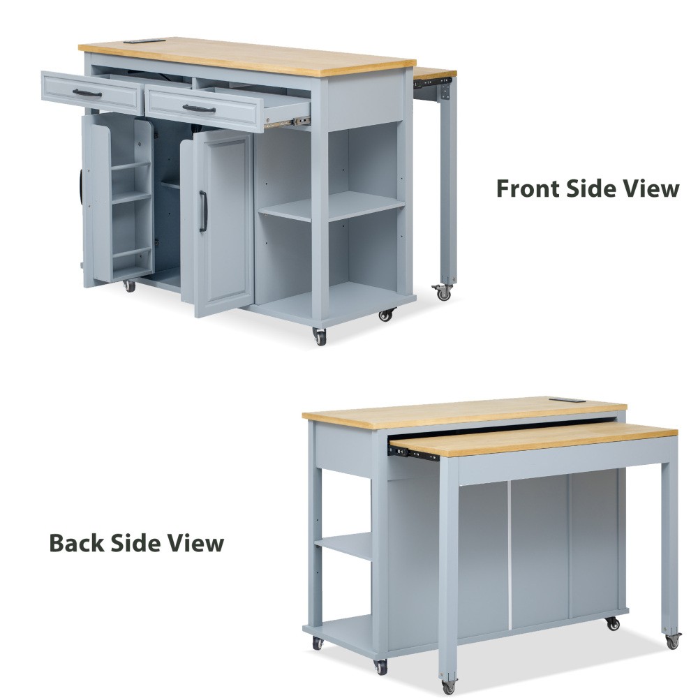 47-inch Kitchen Island w/ Extendable Table, Storage, Outlet - Grey Blue