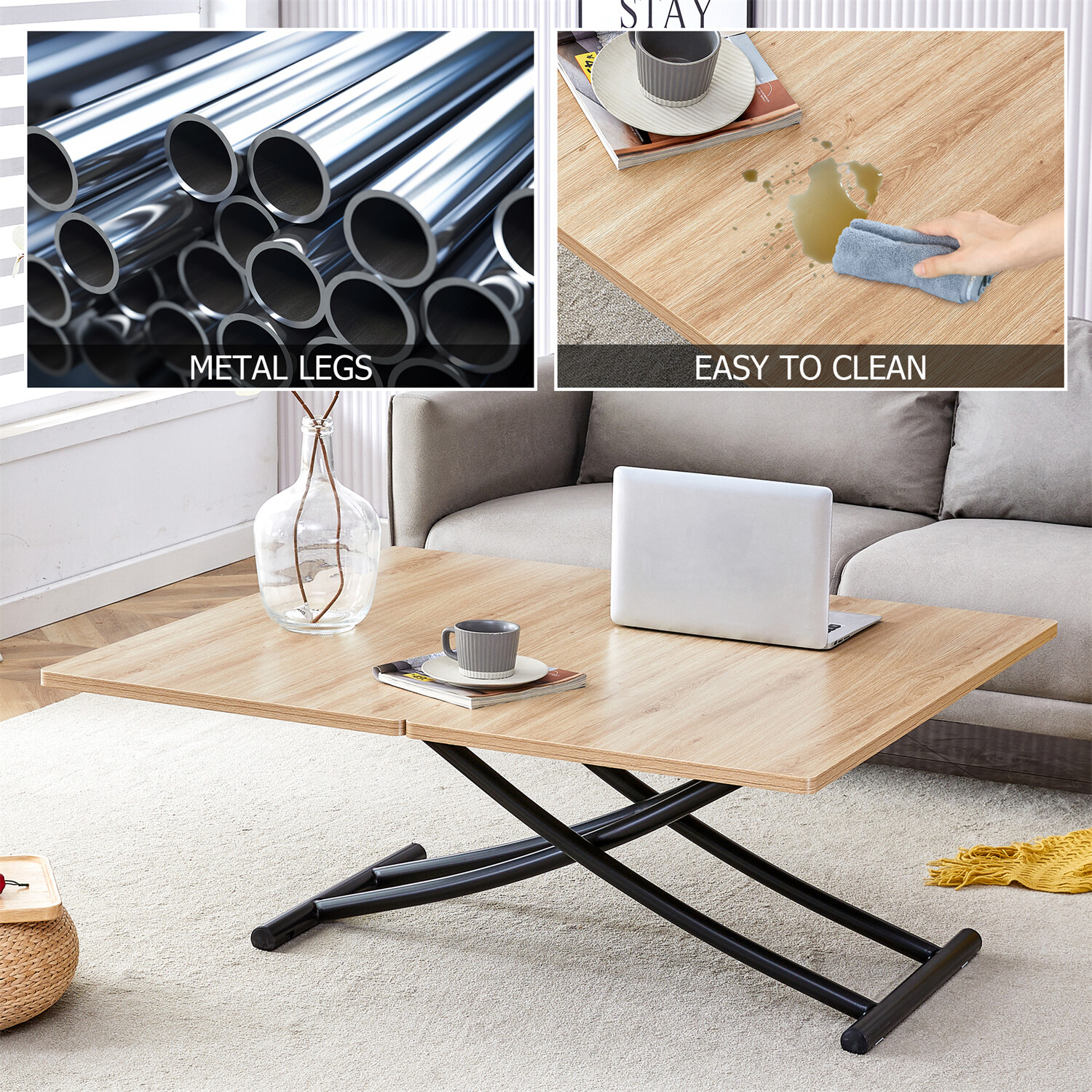Modern Dining Table Wood Table Kitchen Dining Table with Metal Legs For 4 Person