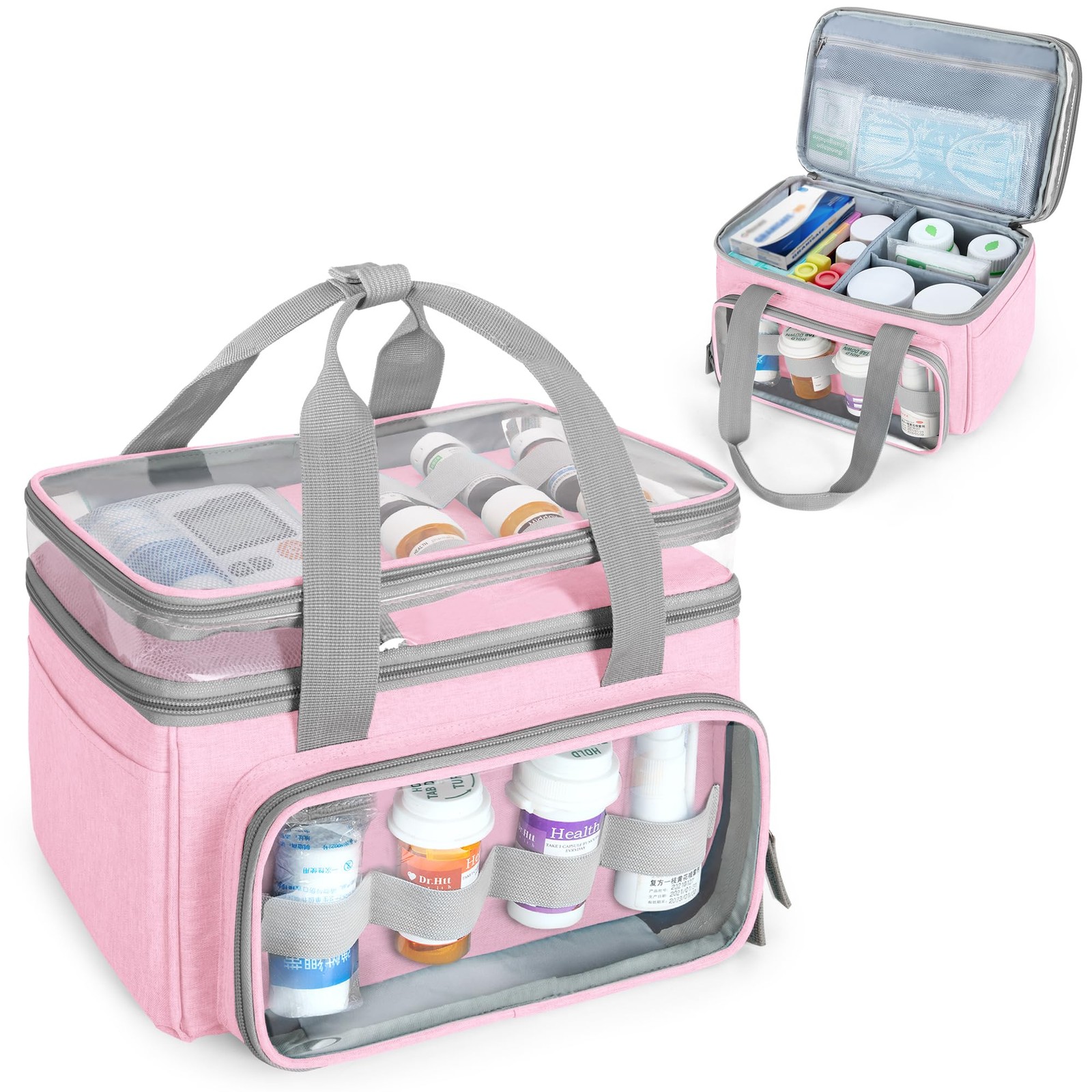 Double-Layer Medicine Bag with Transparent Compartment, Pill Bottle Organizer