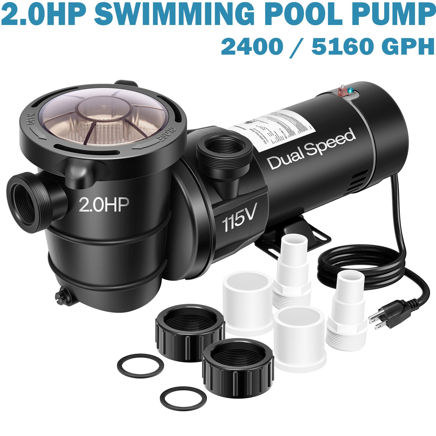 2.0HP Pool Pump Dual Speed 115V Above Ground 1.5" 1.25'' Inlet w/Strainer Basket