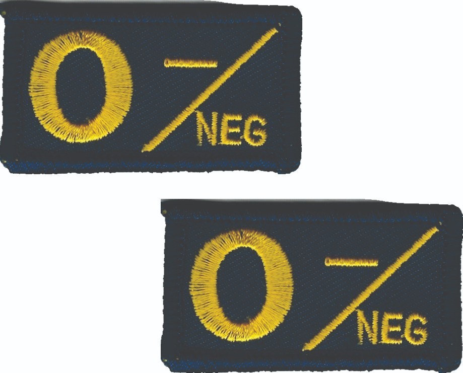 O- Negative Blood Type Patch Set of 2 Hook Back Yellow Navy Blue 1x2 Medical ID