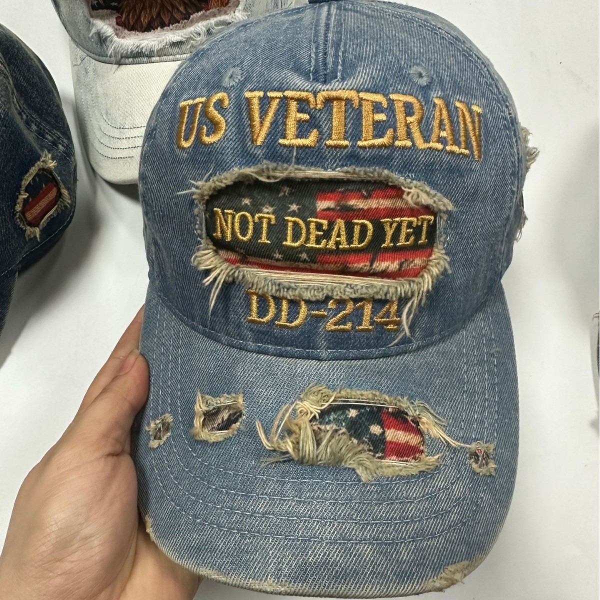 US Veteran NOT DEAD YET DD-214 Embroidered Distressed Denim Baseball Cap Blue