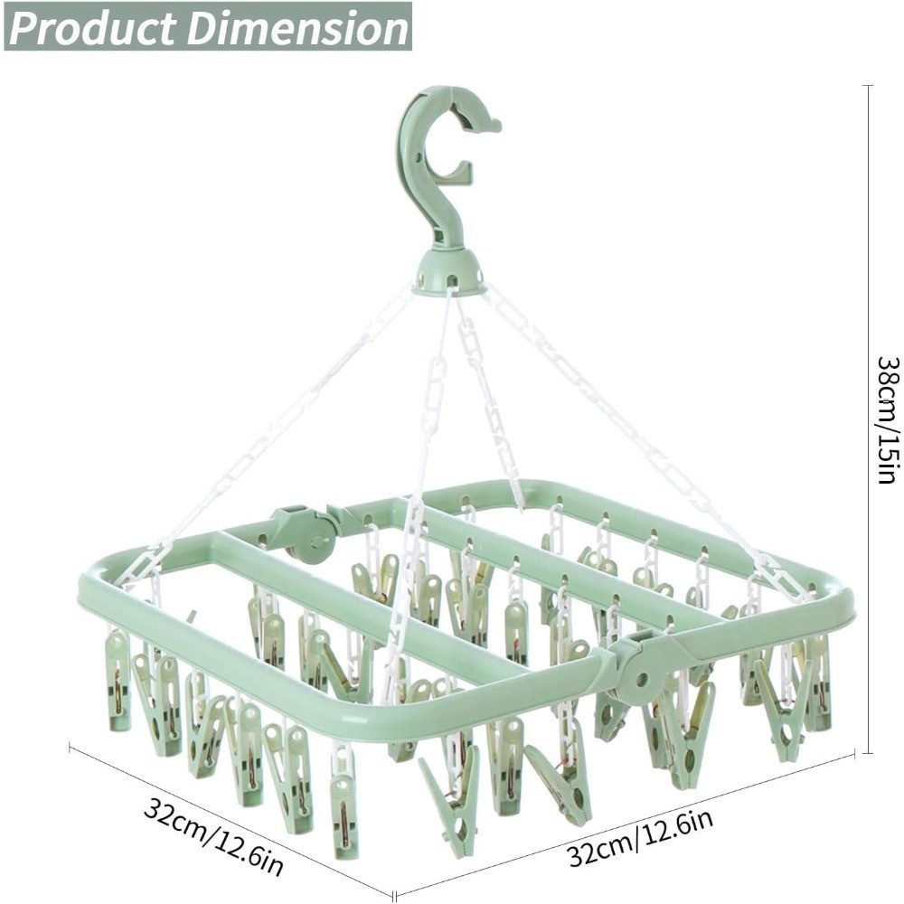 Clothes Drying Rack with 32 Clips, Foldable Hanging Rack, 360° Rotatable Hook
