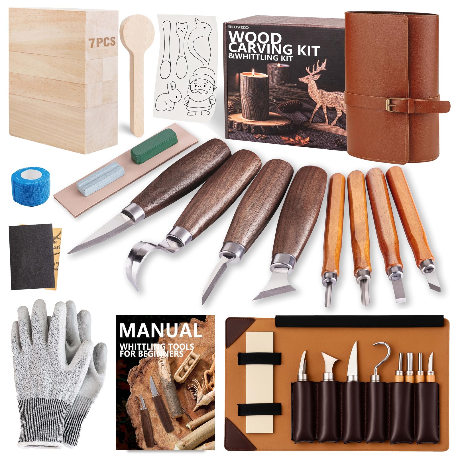 Best Wood Carving Kit Whittling Kit Deluxe Tools Knife Set with Leather Case -