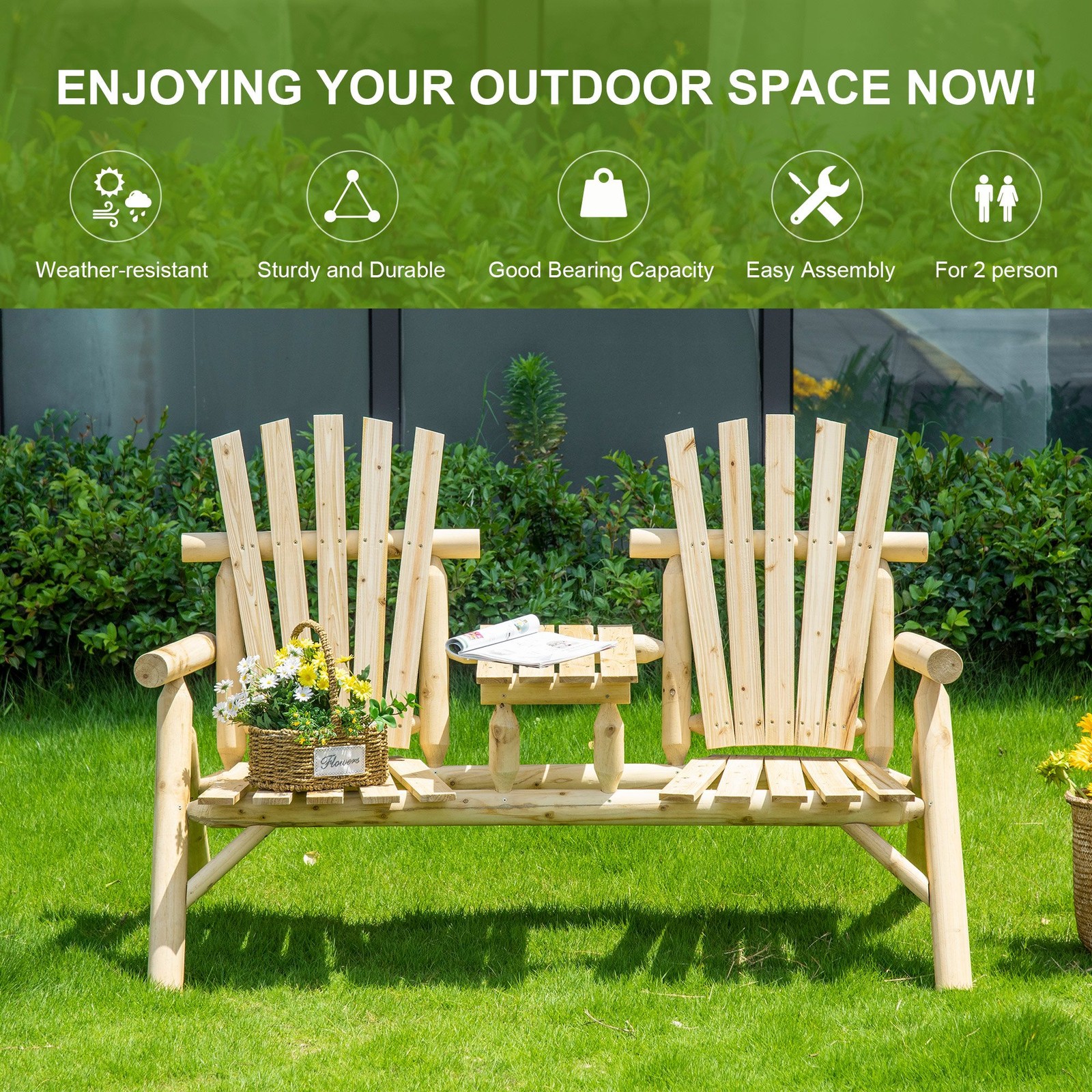 Twin Seat Outdoor Adirondack Chair with Functional Center Table Space